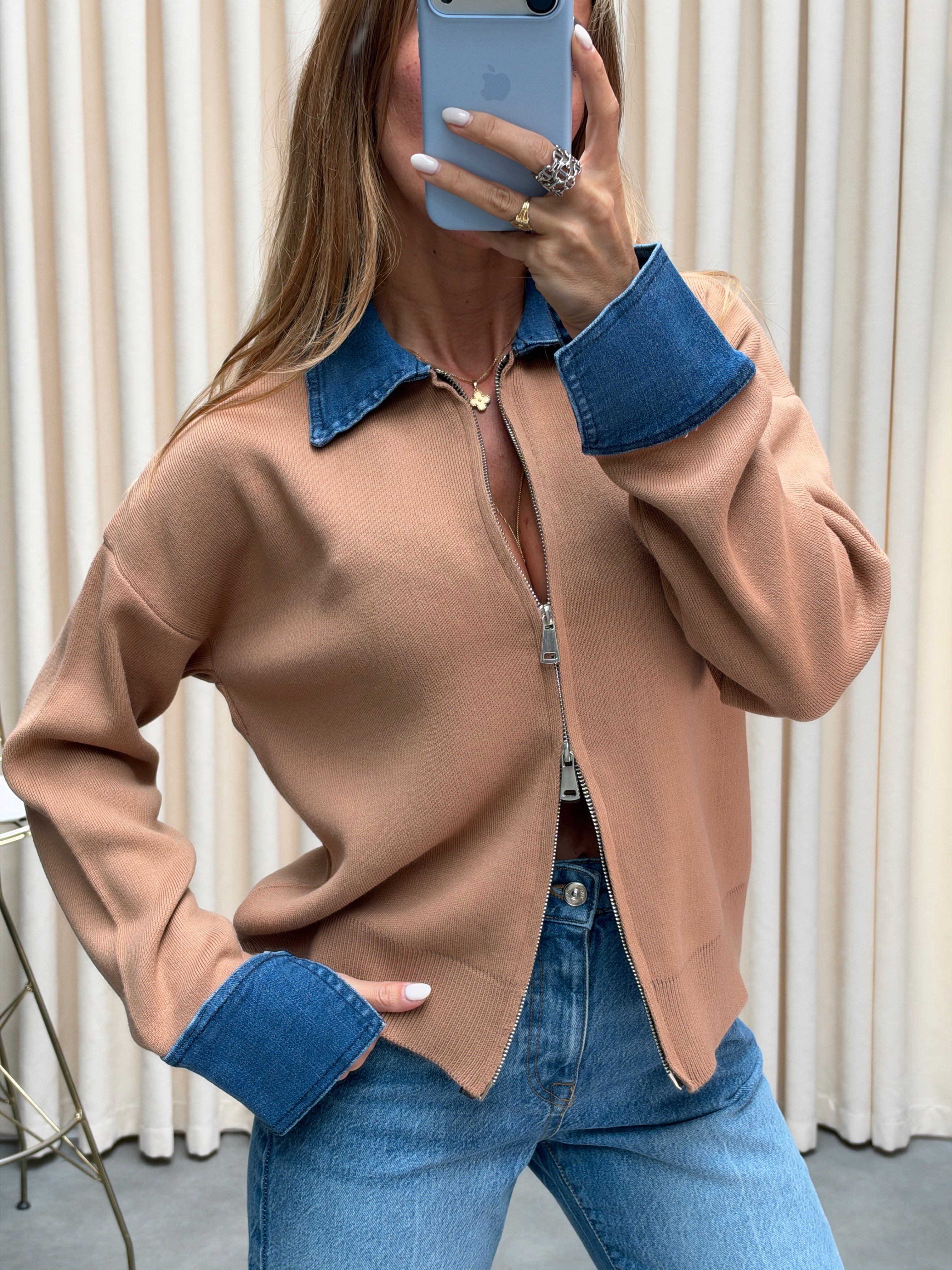 Premium Kalite Jean Detaylı Tasarım Hırka Camel