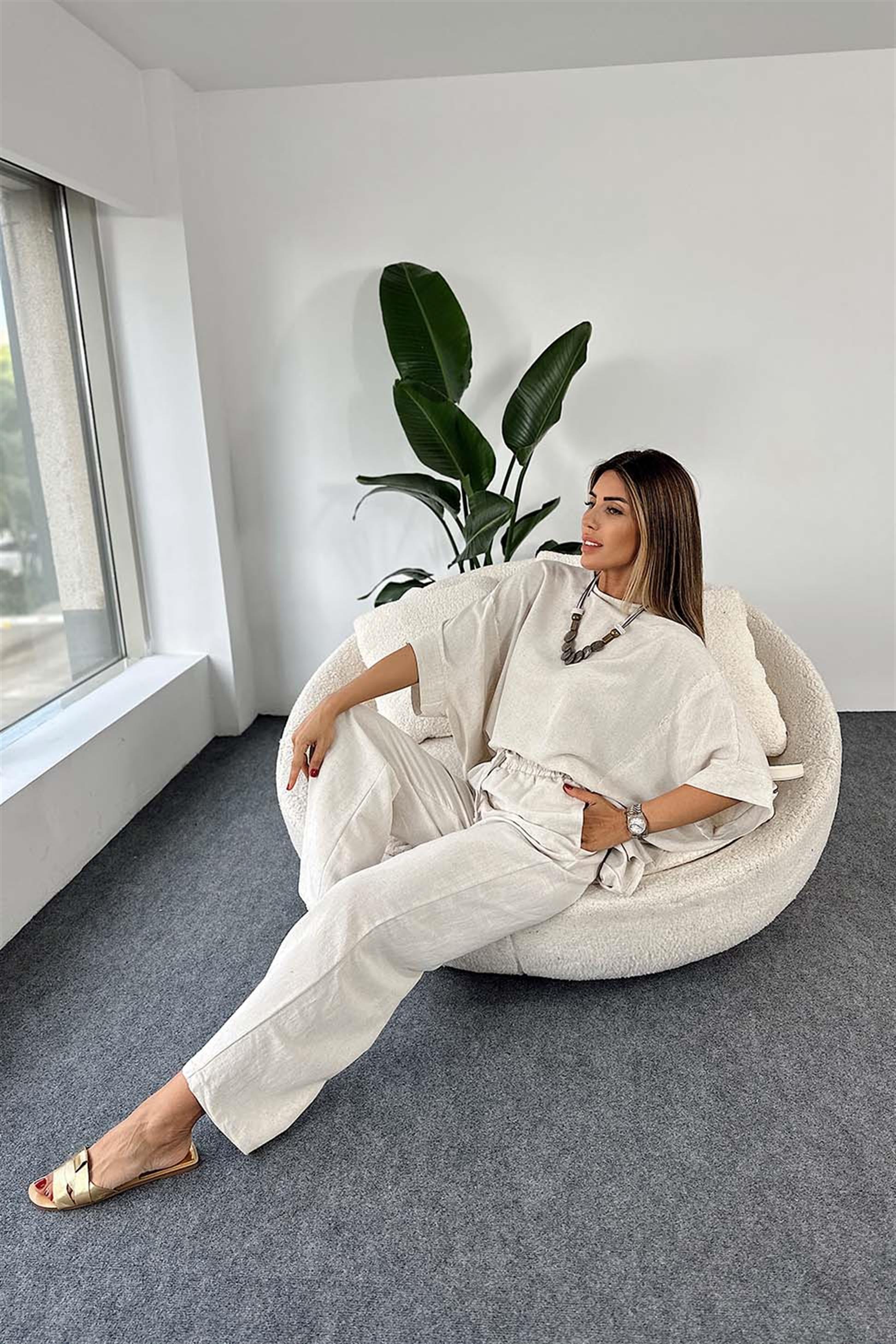 Premium Kalite Keten Dokulu Kumaş Kolyeli Oversize Kadın Takım Taş · 7