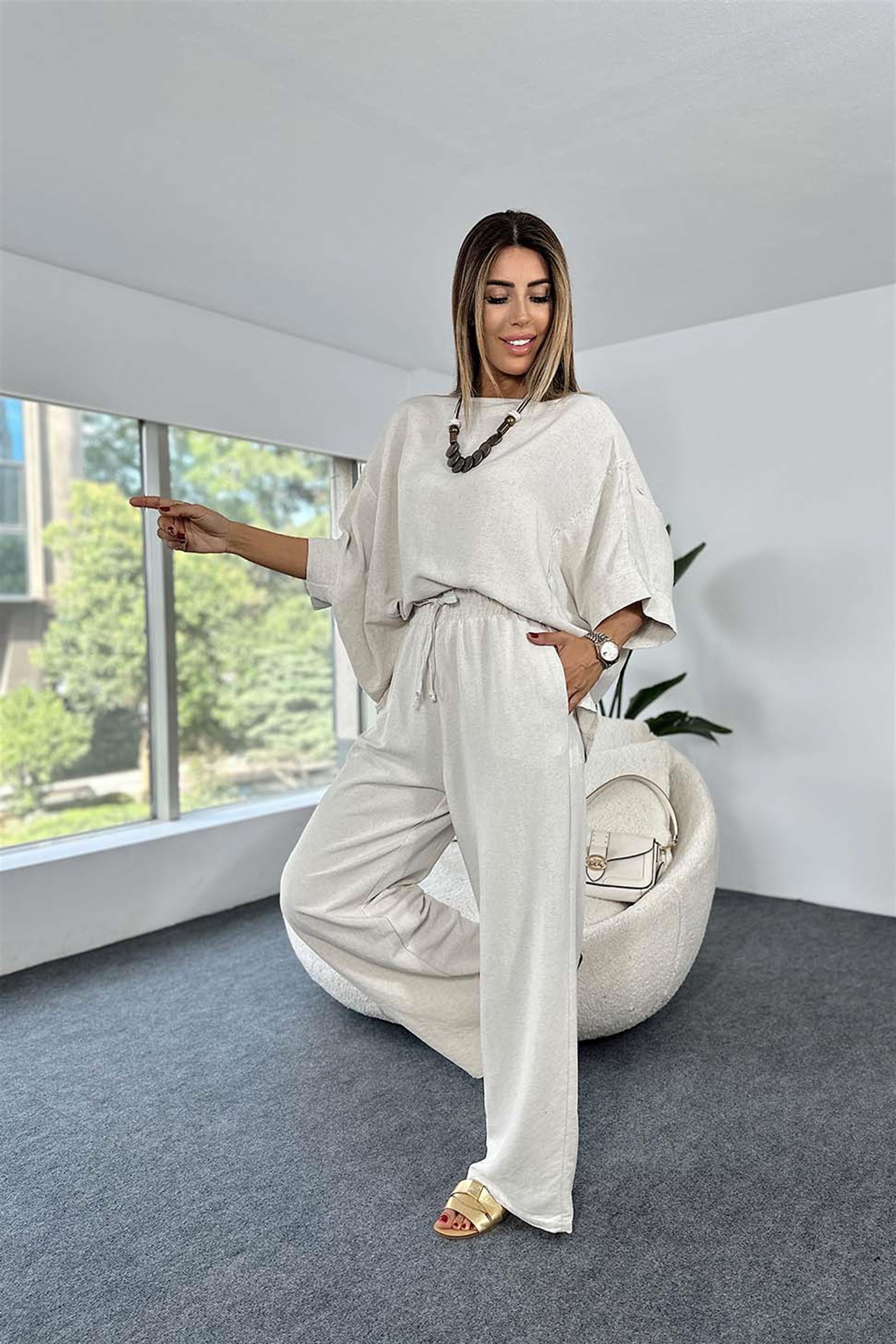 Premium Kalite Keten Dokulu Kumaş Kolyeli Oversize Kadın Takım Taş