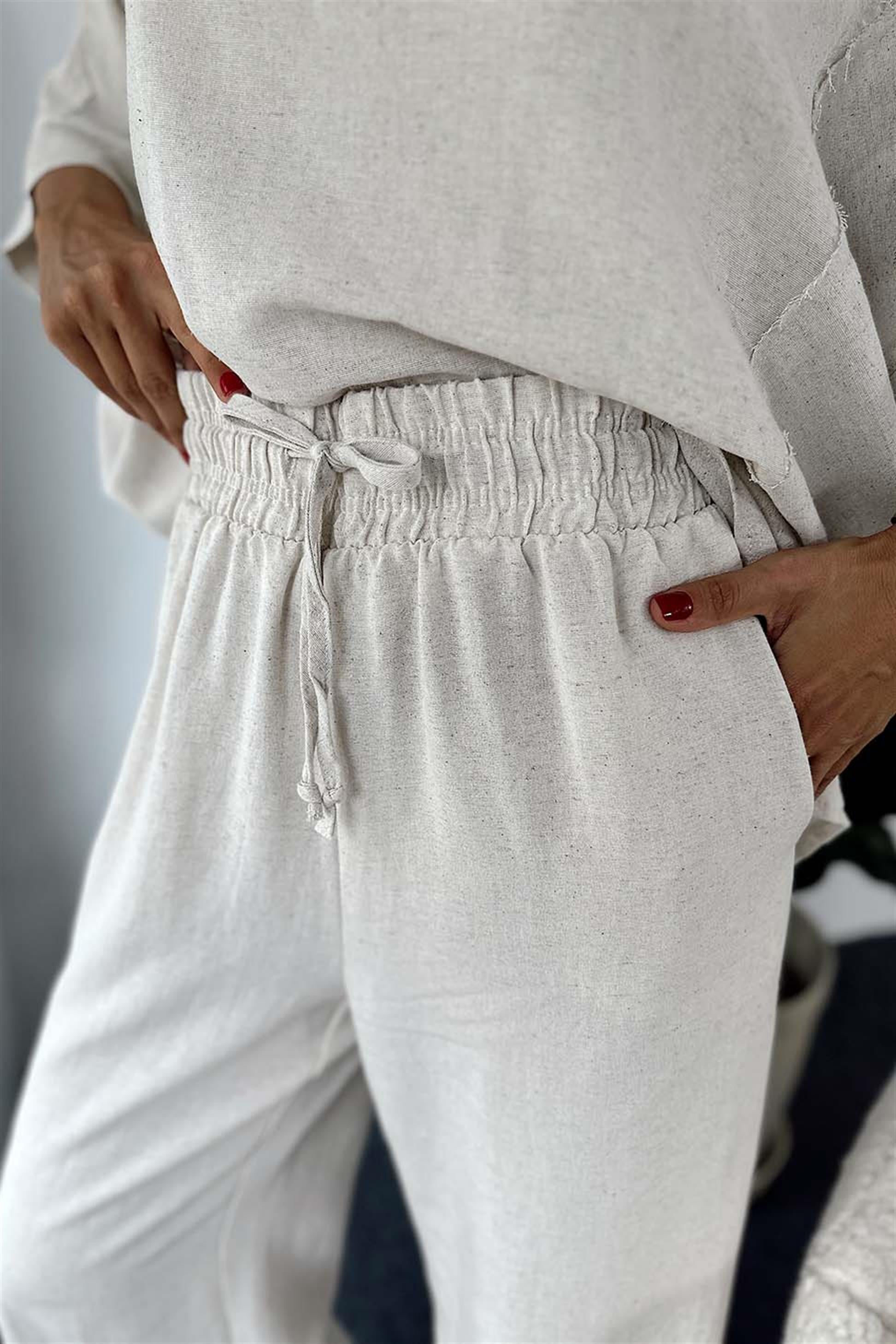 Premium Kalite Keten Dokulu Kumaş Kolyeli Oversize Kadın Takım Taş · 4