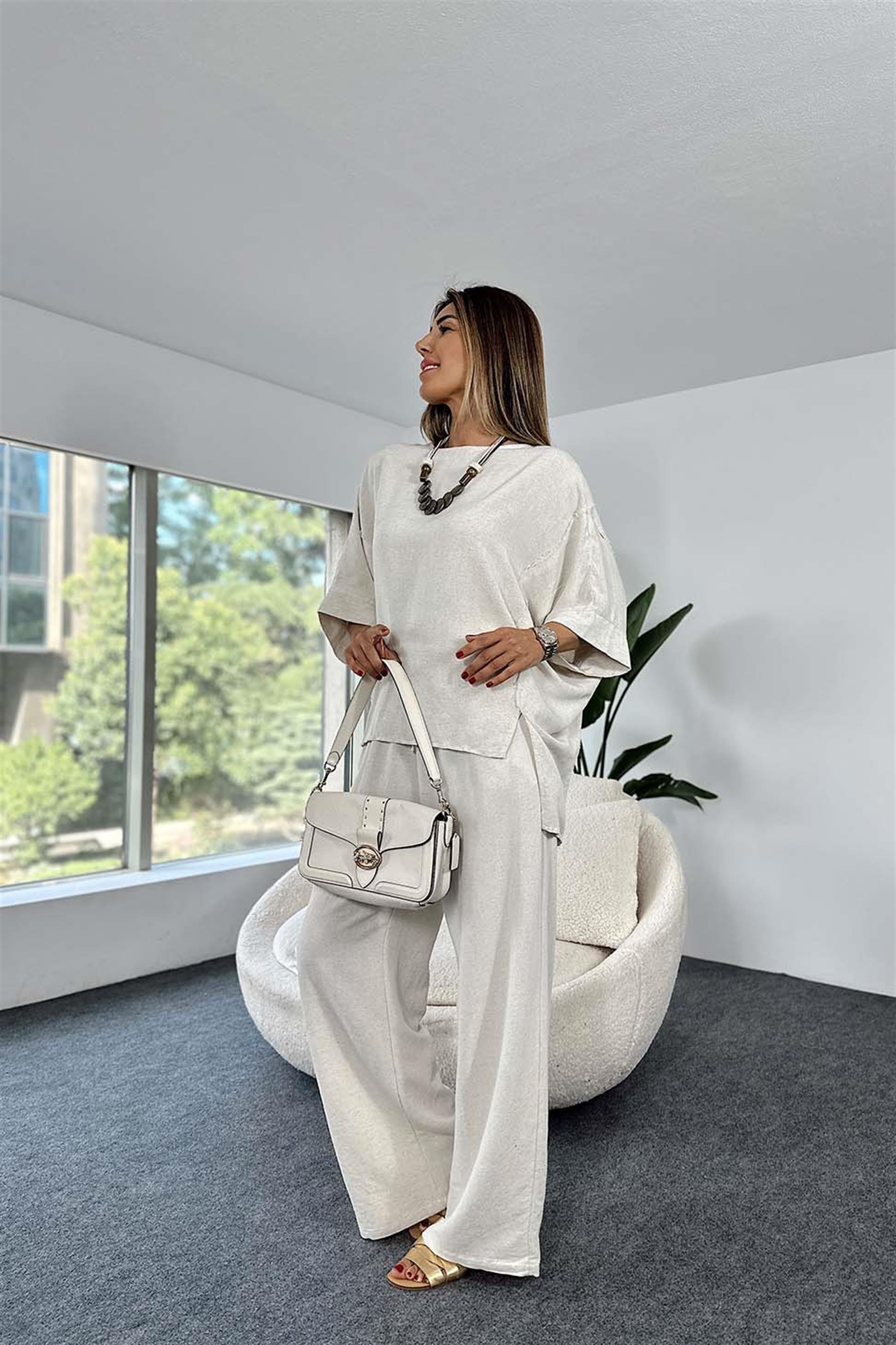 Premium Kalite Keten Dokulu Kumaş Kolyeli Oversize Kadın Takım Taş · 6