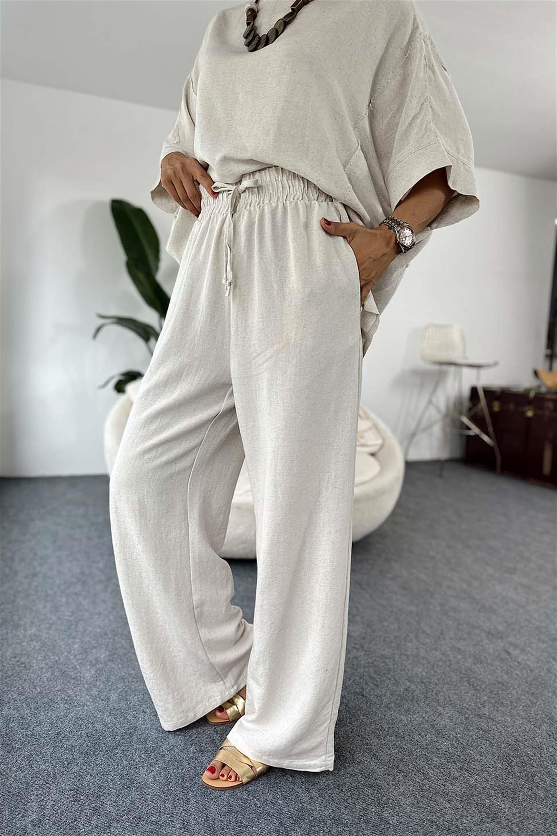 Premium Kalite Keten Dokulu Kumaş Kolyeli Oversize Kadın Takım Taş · 9