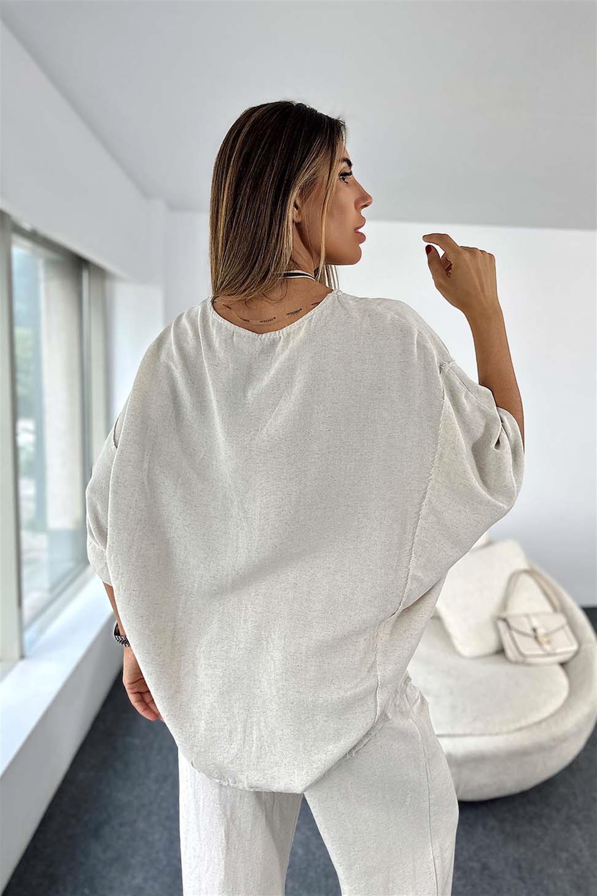 Premium Kalite Keten Dokulu Kumaş Kolyeli Oversize Kadın Takım Taş · 3