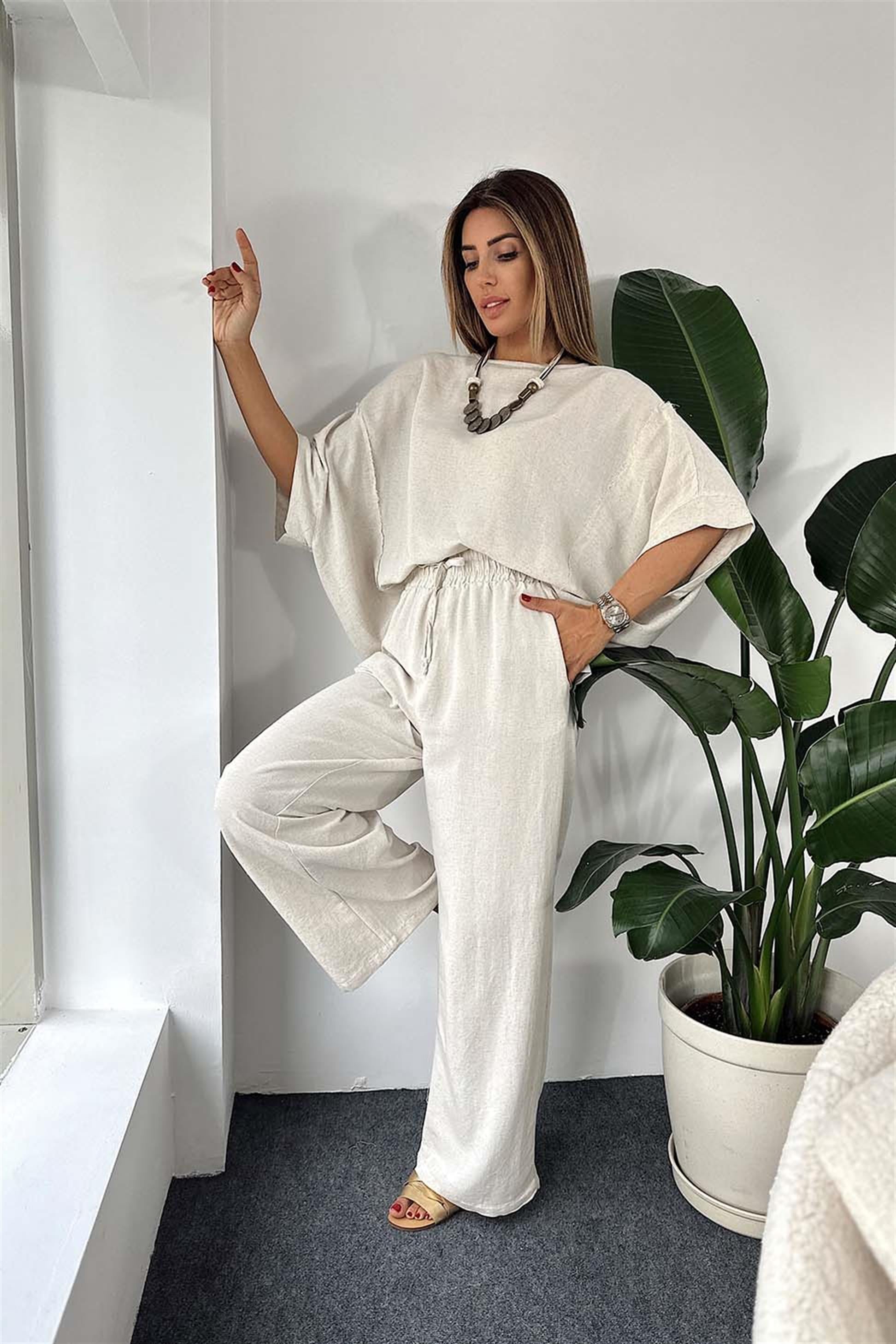 Premium Kalite Keten Dokulu Kumaş Kolyeli Oversize Kadın Takım Taş · 5
