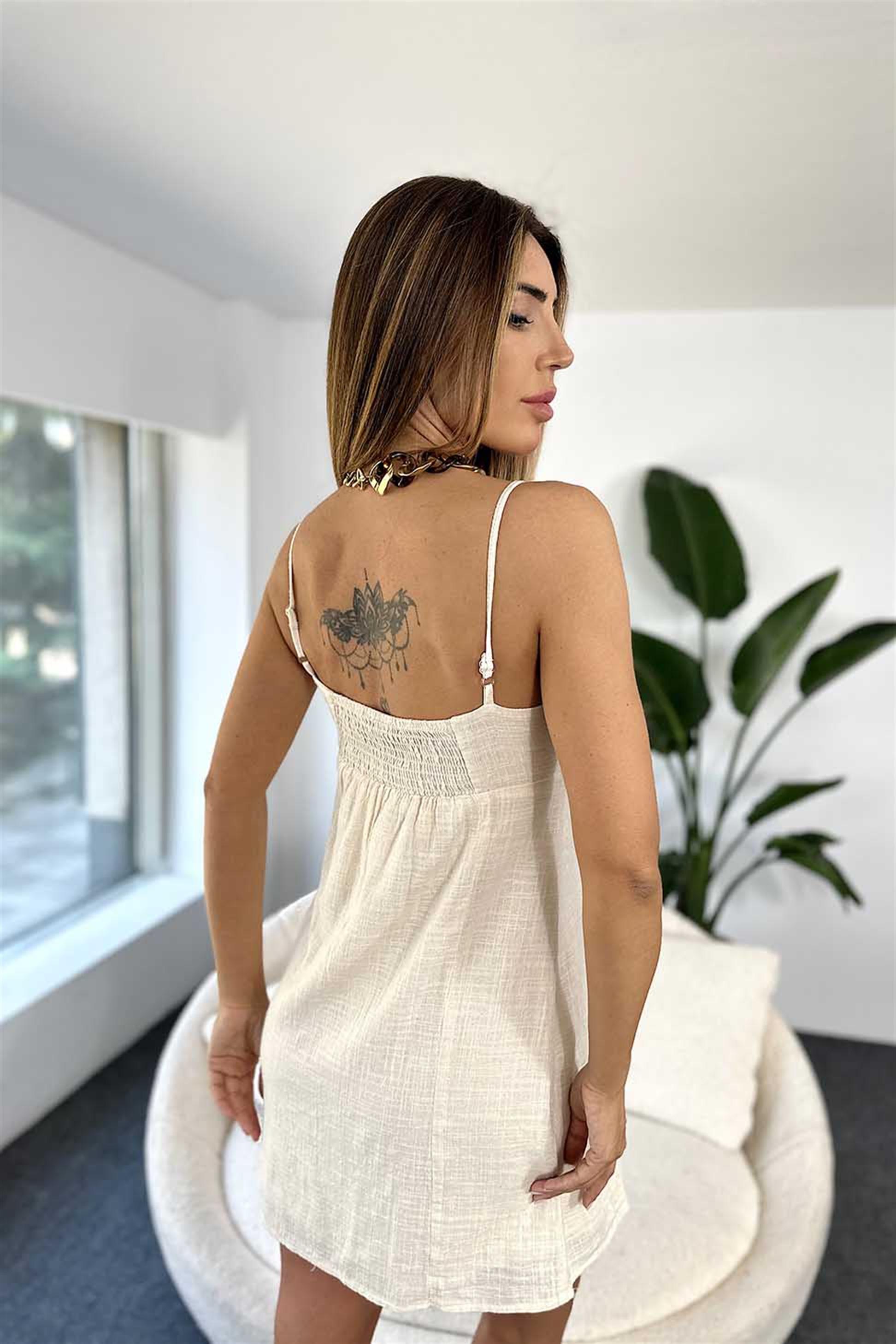 Premium Kalite Keten Dokulu Pamuklu Kumaş Askılı Mini Elbise Taş · 3