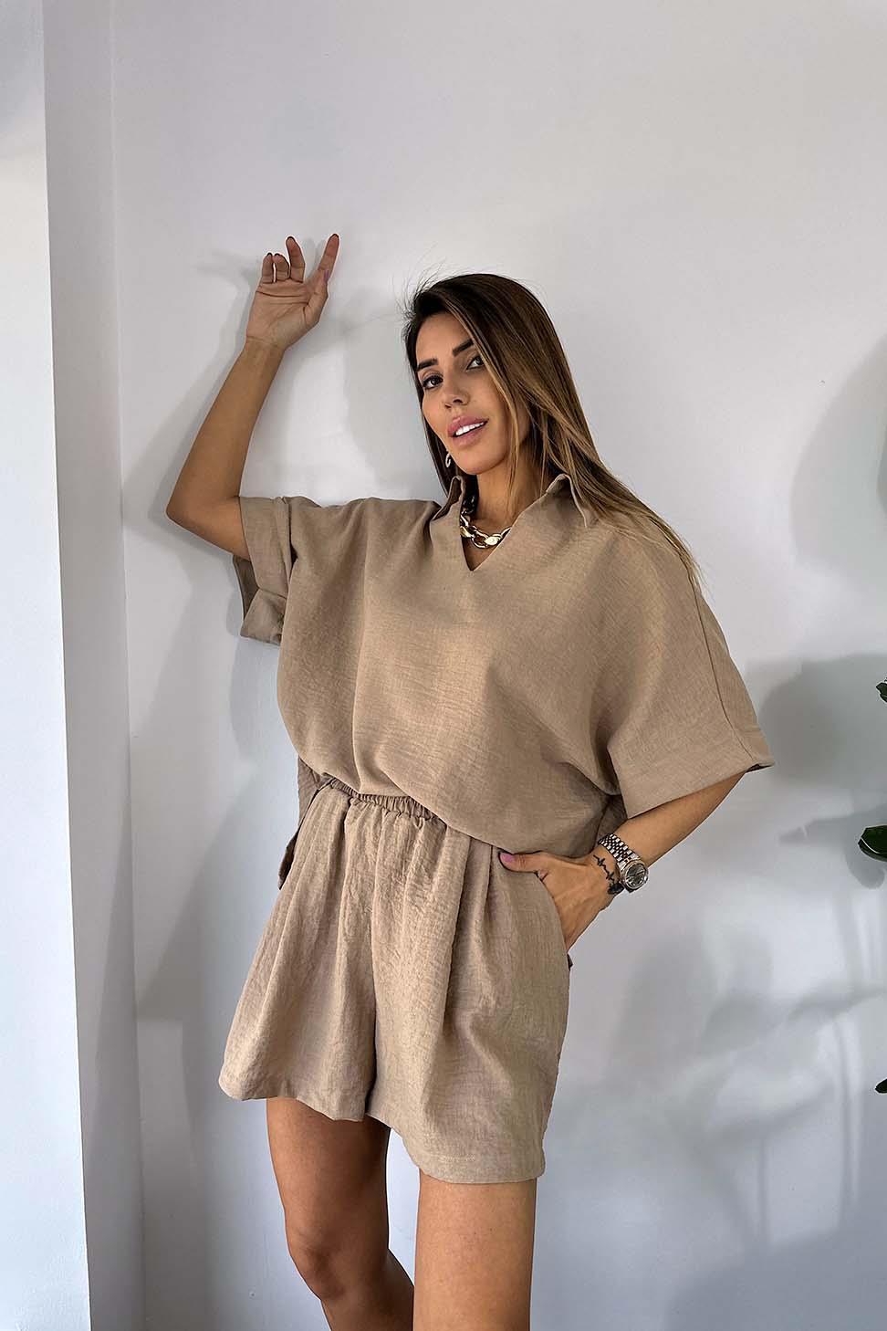 Premium Kalite Keten Kumaş Oversize Bluz Şort Kadın Takım Bej