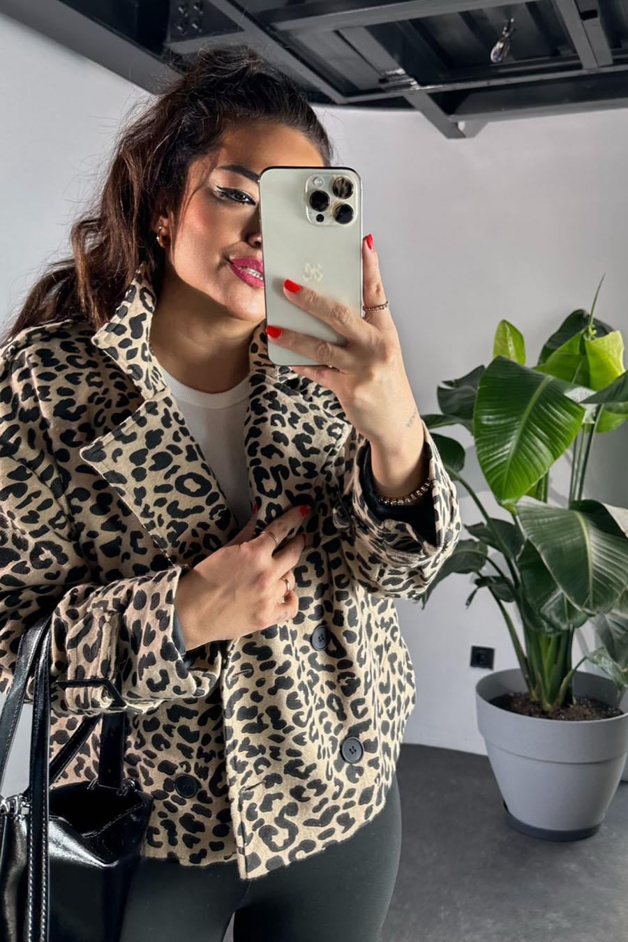 Premium Kalite Leopar Desen Cepli Kadın Ceket Vizon