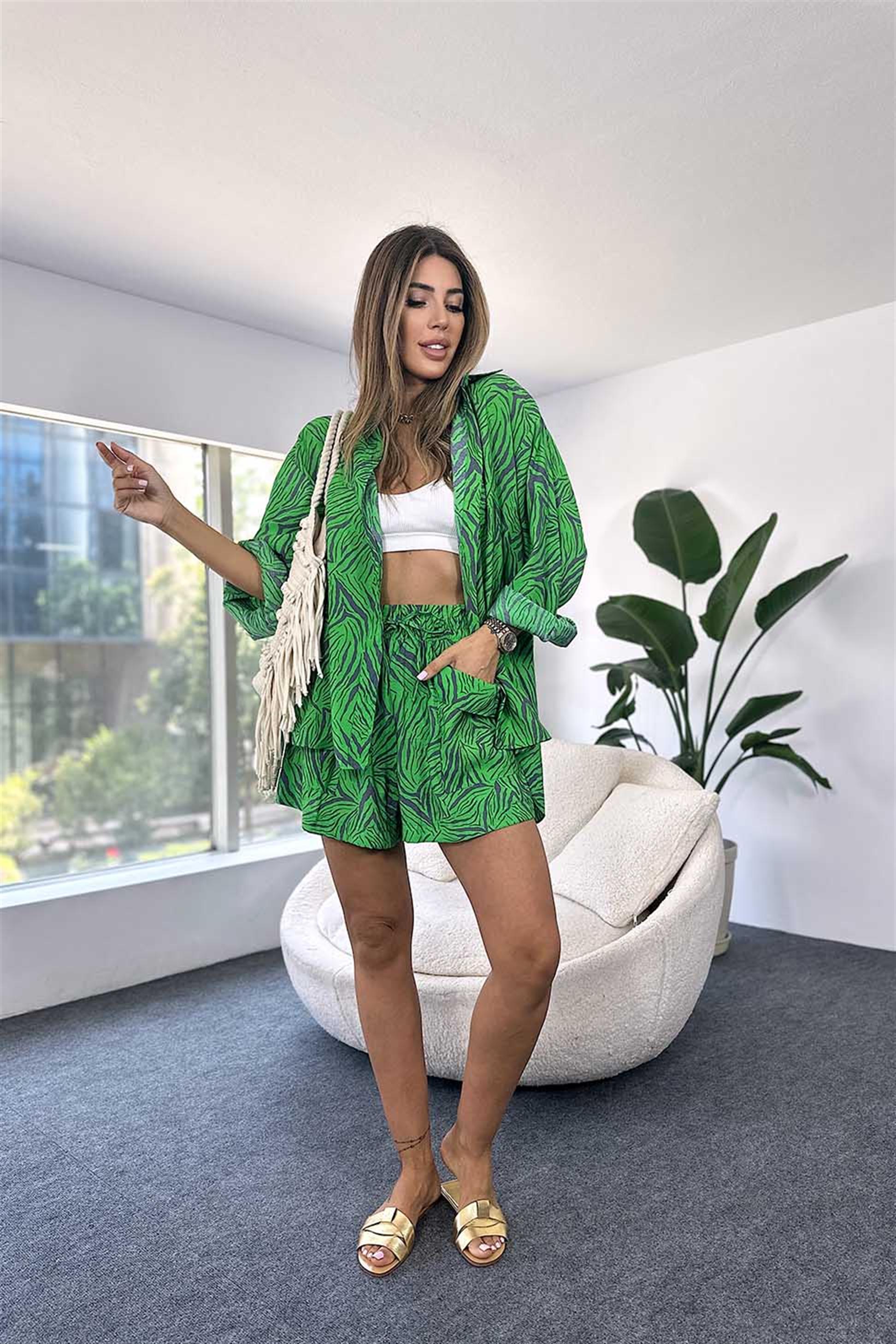 Premium Kalite Modal Kumaş Zebra Desenli Yazlık Takım Yeşil · 11