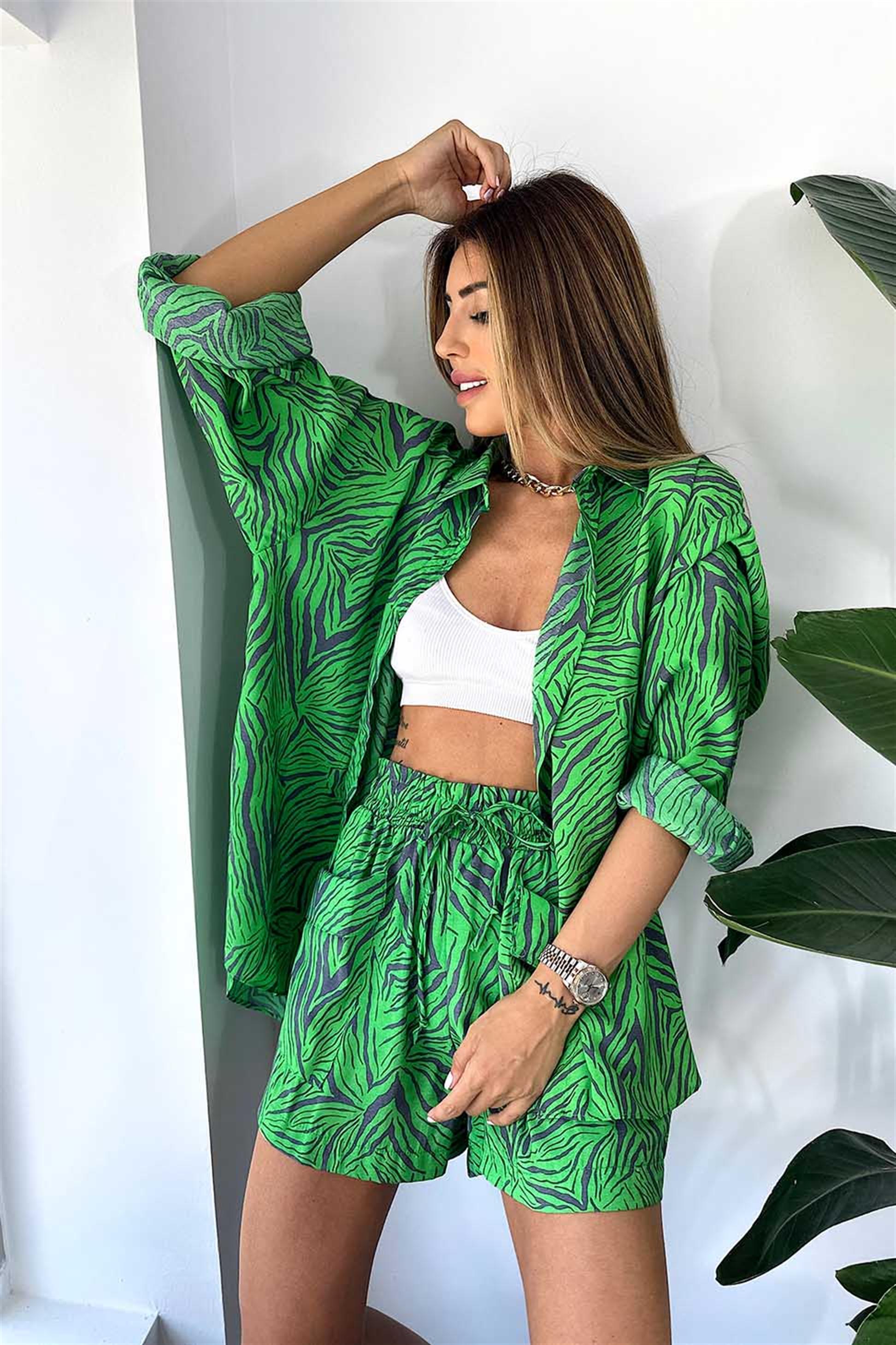 Premium Kalite Modal Kumaş Zebra Desenli Yazlık Takım Yeşil · 10