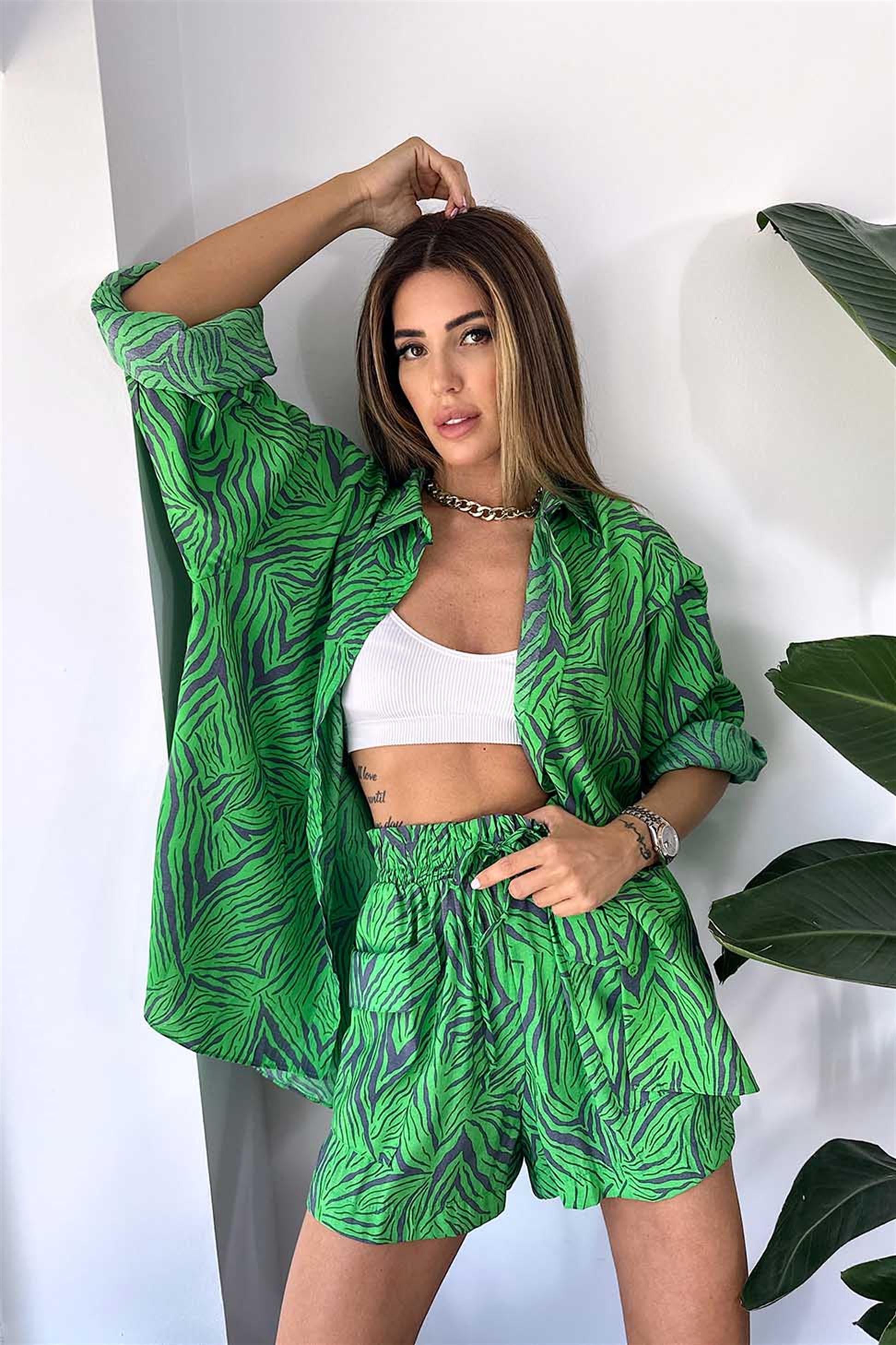 Premium Kalite Modal Kumaş Zebra Desenli Yazlık Takım Yeşil