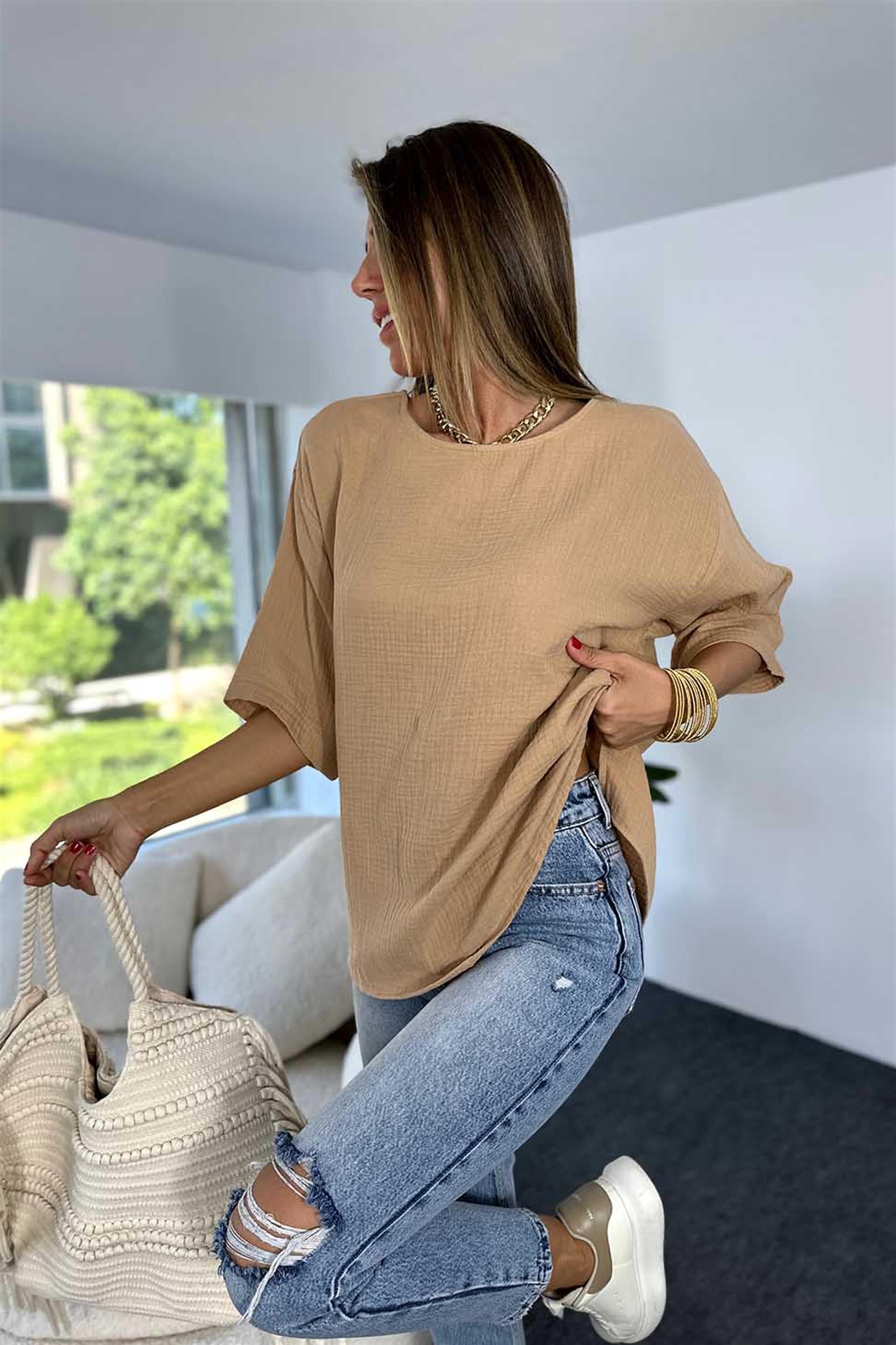 Premium Kalite Müslin Kumaş Geniş Bisiklet Yaka Bluz Camel · 7