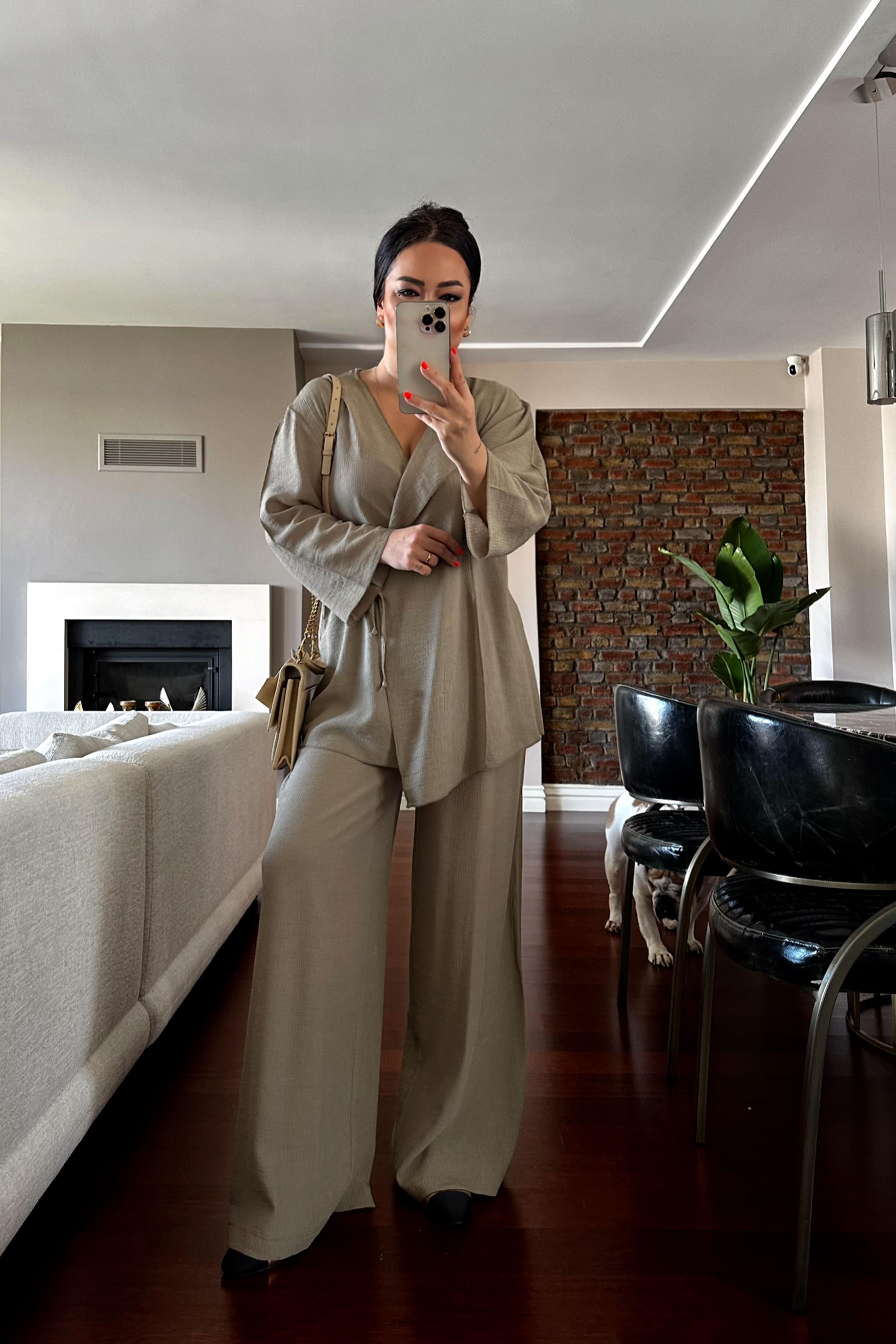 Premium Kalite Önden Bağlamalı Kimono Takım Haki