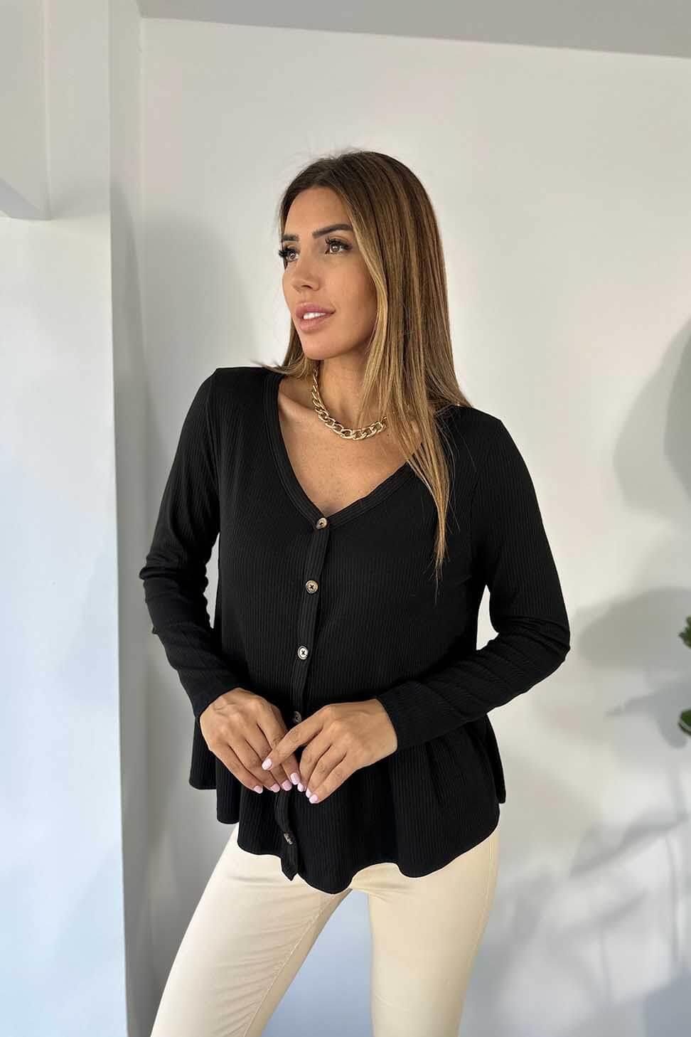 Premium Kalite Pamuk Kumaş Pile Detay Fitilli Bluz Siyah