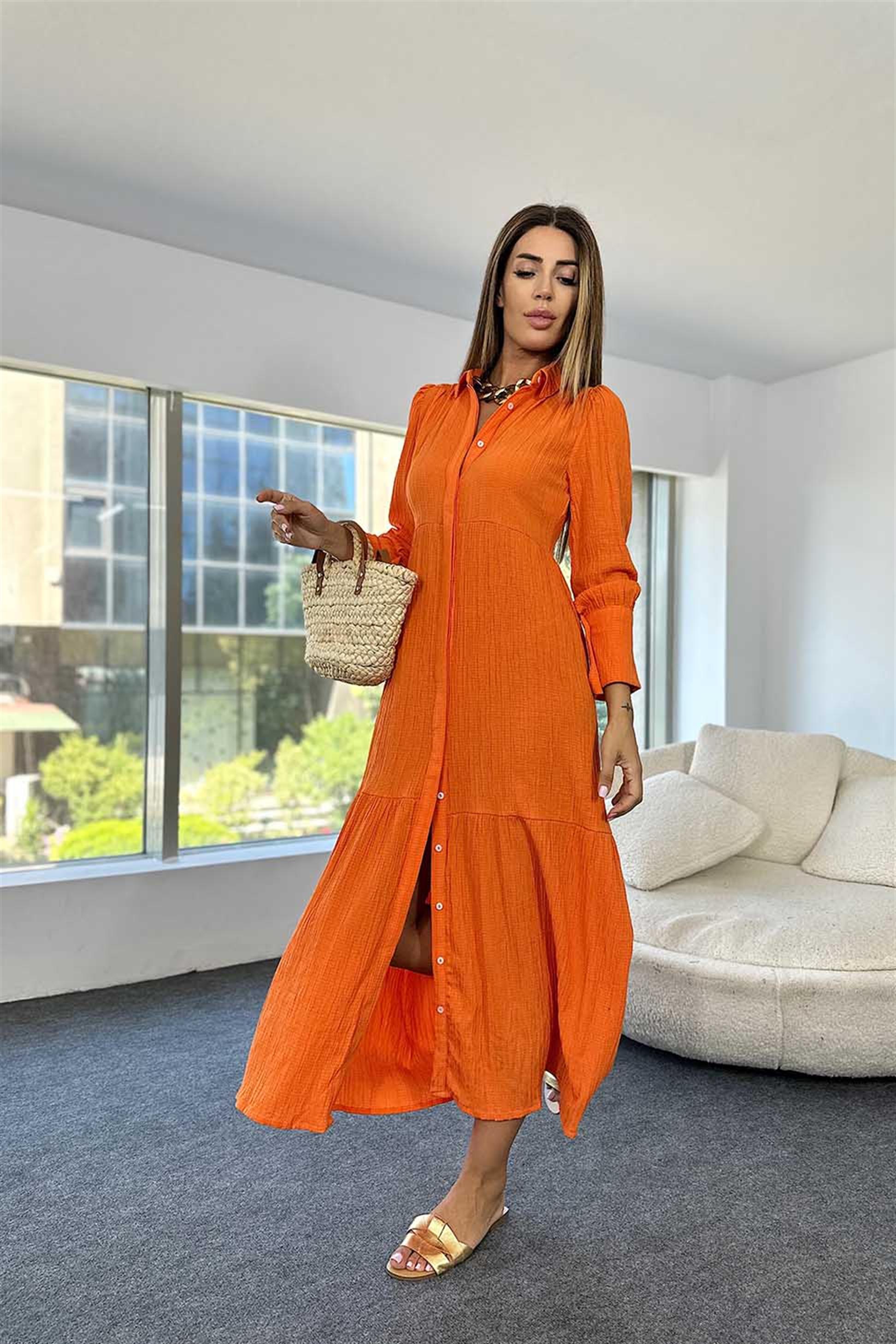 Premium Kalite Pamuklu Gofre Kumaş Gömlek Elbise Turuncu