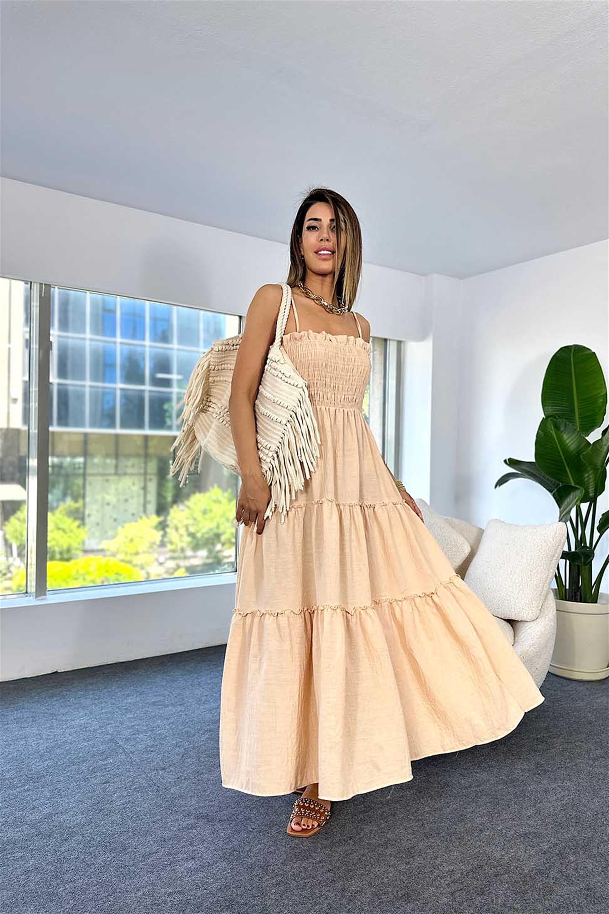 Premium Kalite Pamuklu Kumaş Gipeli Uzun Elbise Somon