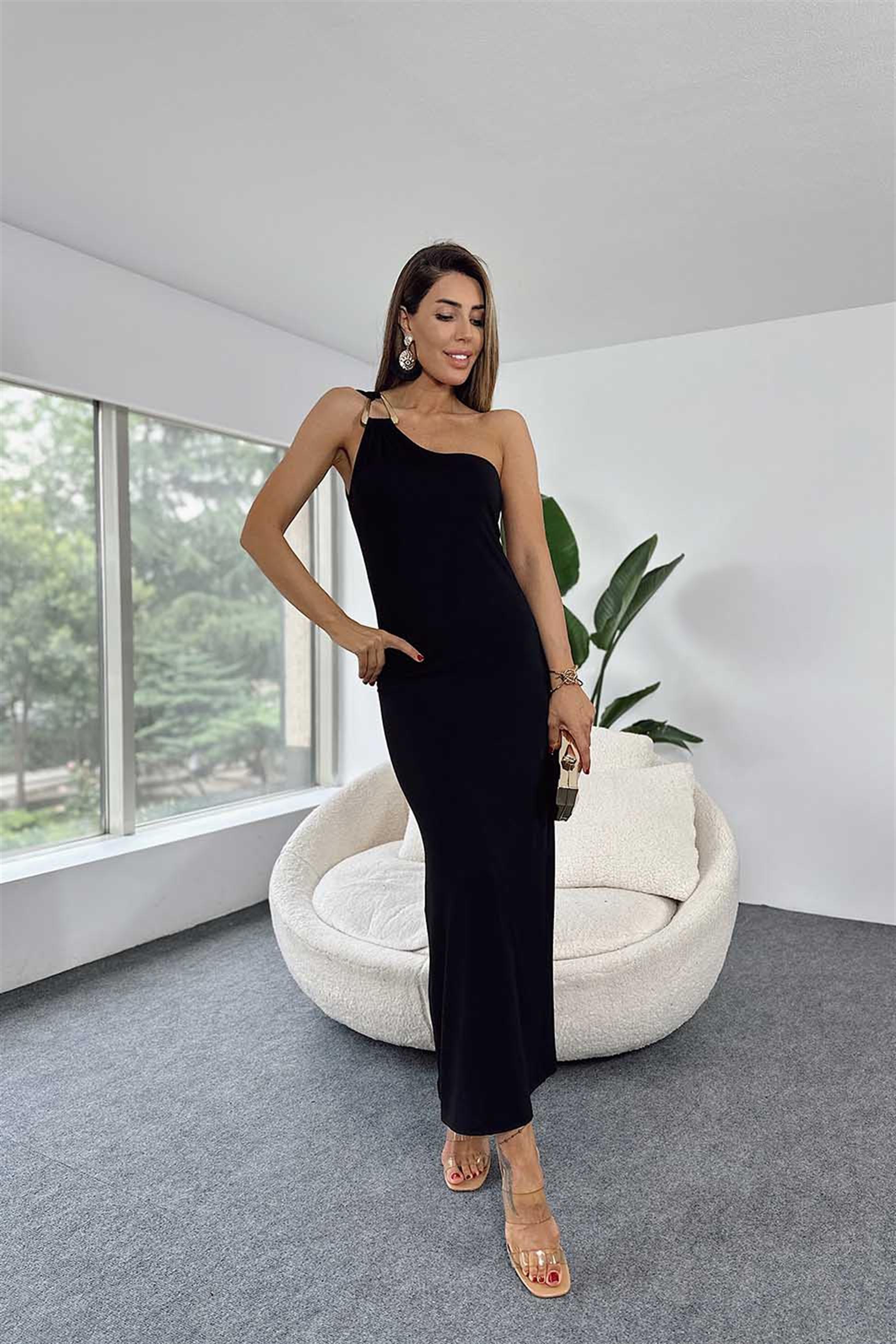 Premium Kalite Pamuklu Penye Omuzu Gold Tokalı Abiye Elbise Siyah - Butik  Gardrop