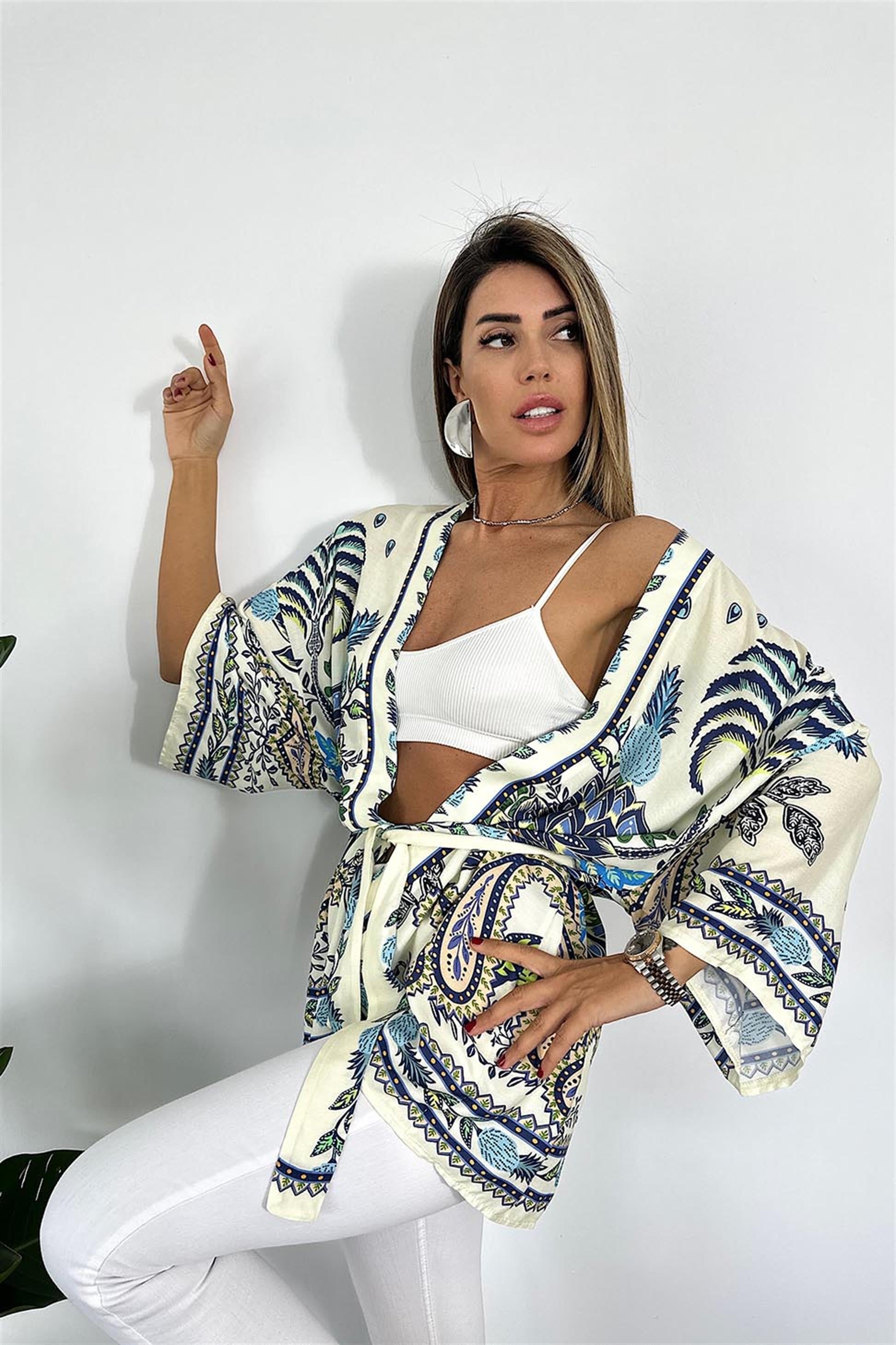Premium Kalite Pamuklu Penye Şal Desenli Kuşaklı Kimono Mavi