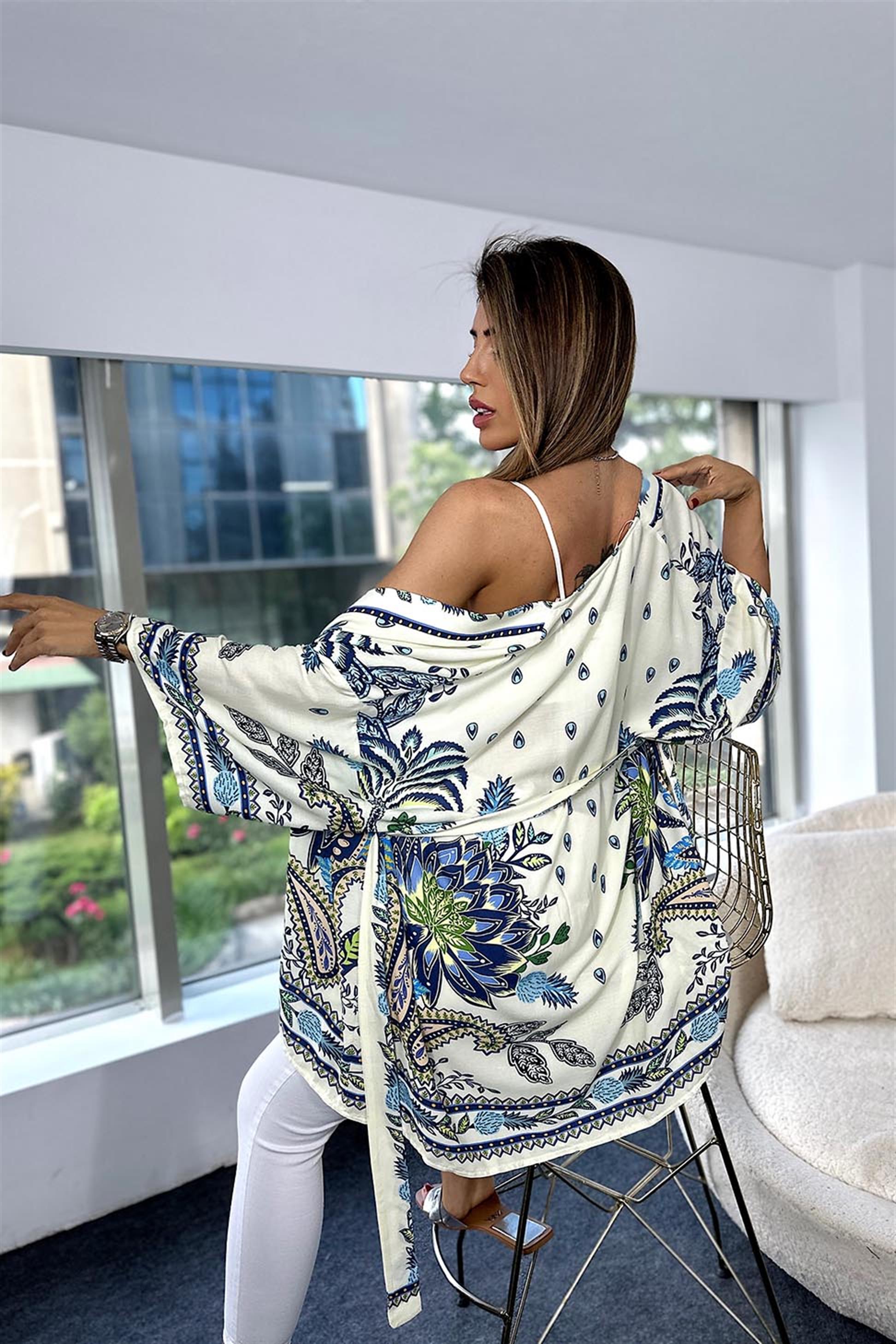 Premium Kalite Pamuklu Penye Şal Desenli Kuşaklı Kimono Mavi · 6