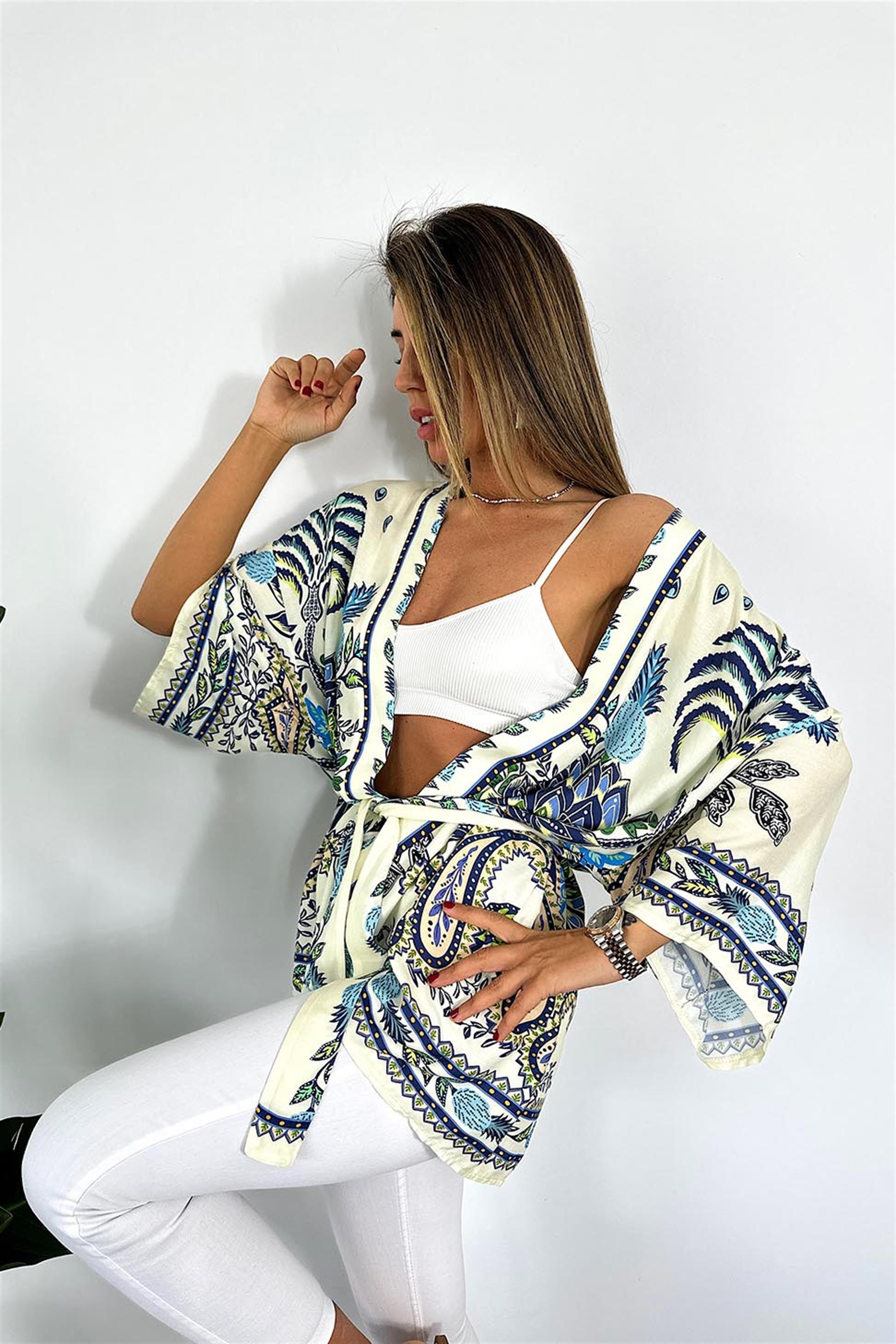 Premium Kalite Pamuklu Penye Şal Desenli Kuşaklı Kimono Mavi · 10