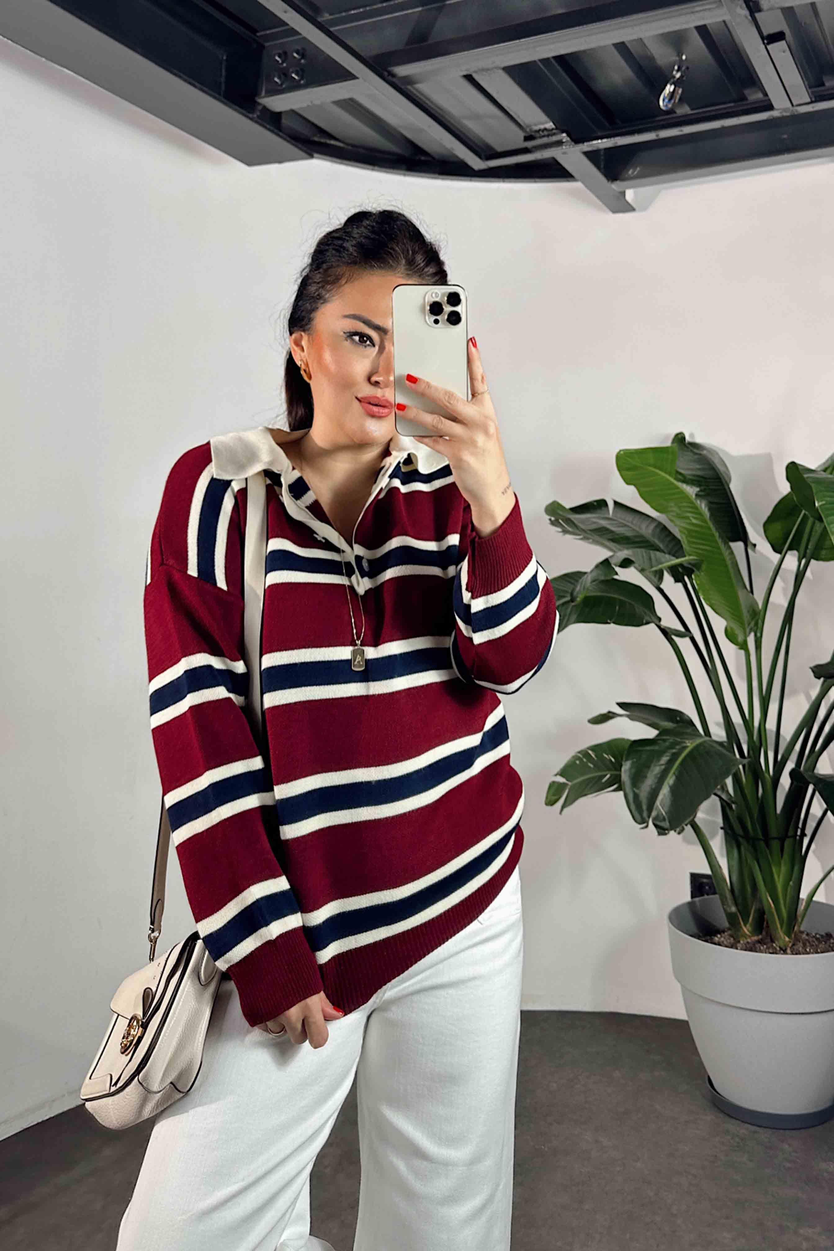 Premium Kalite Polo Yaka Bordo Çizgili Elit Triko Kazak Bordo