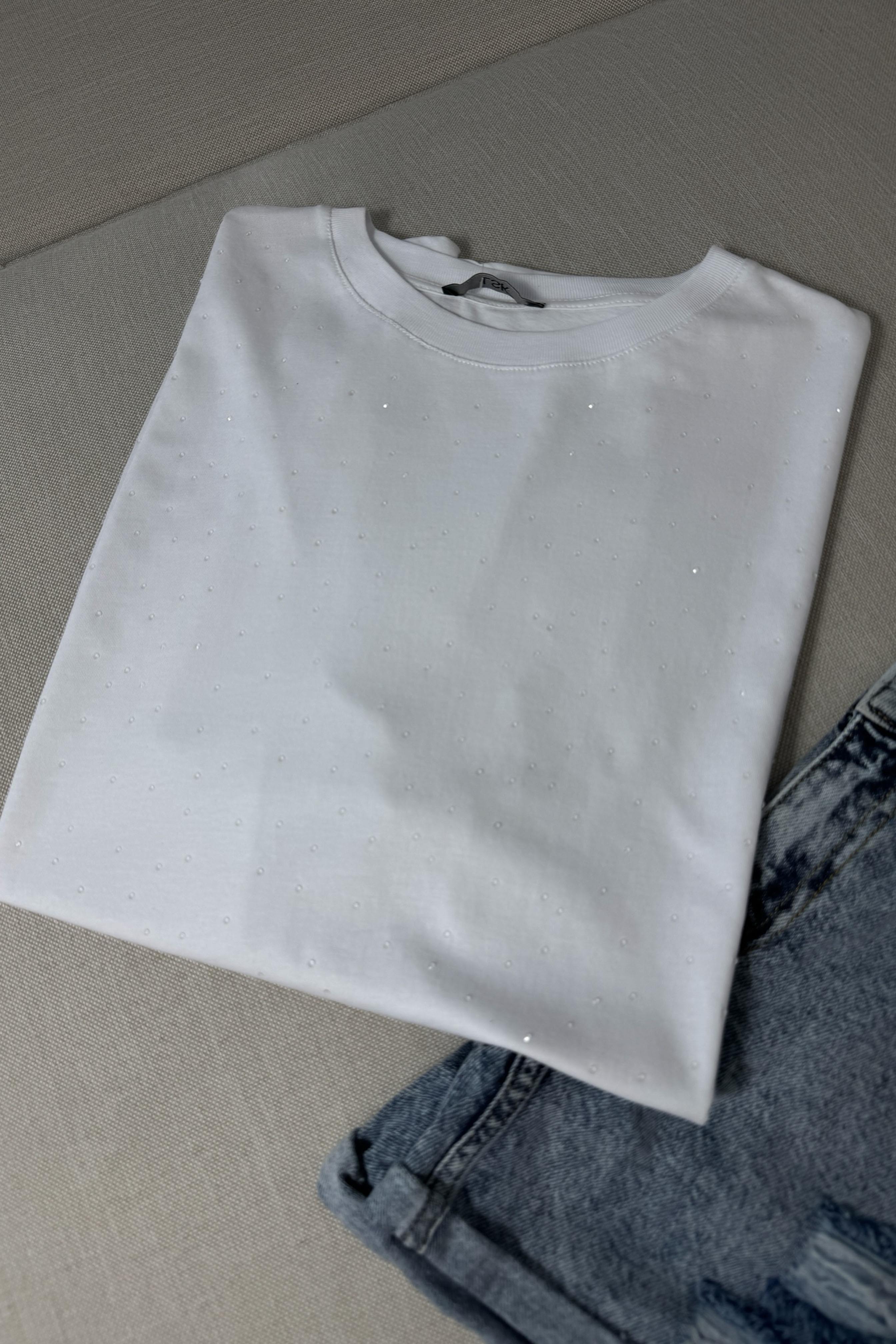 Premium Kalite Şeffaf Taşlı Basic Tişört Beyaz