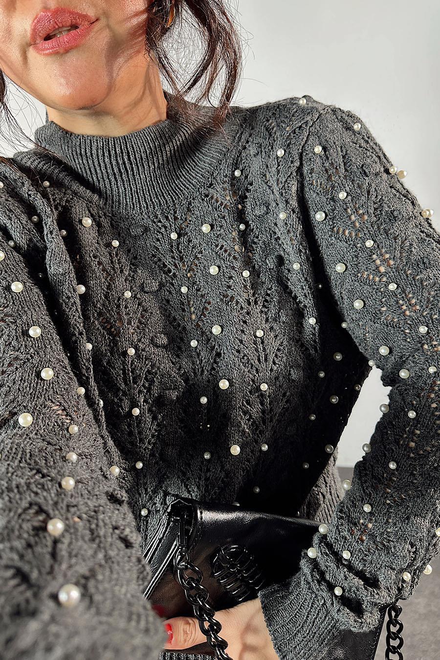 Premium Kalite Sırt Dekolteli İnci İşleme Triko Kadın Kazak Antrasit