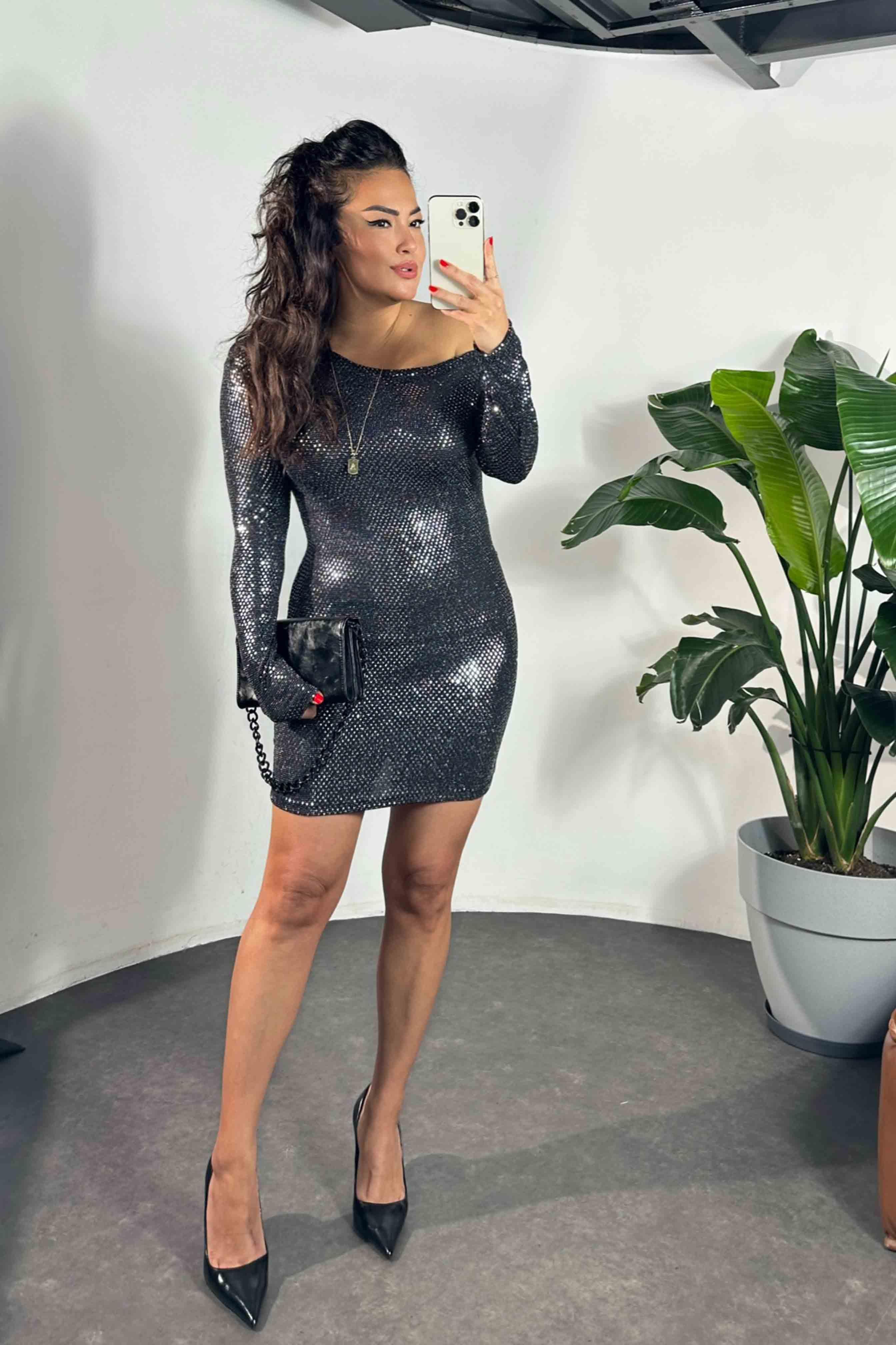 Premium Kalite Tek Omuz Pul Kaplama Mini Kadın Elbise Antrasit