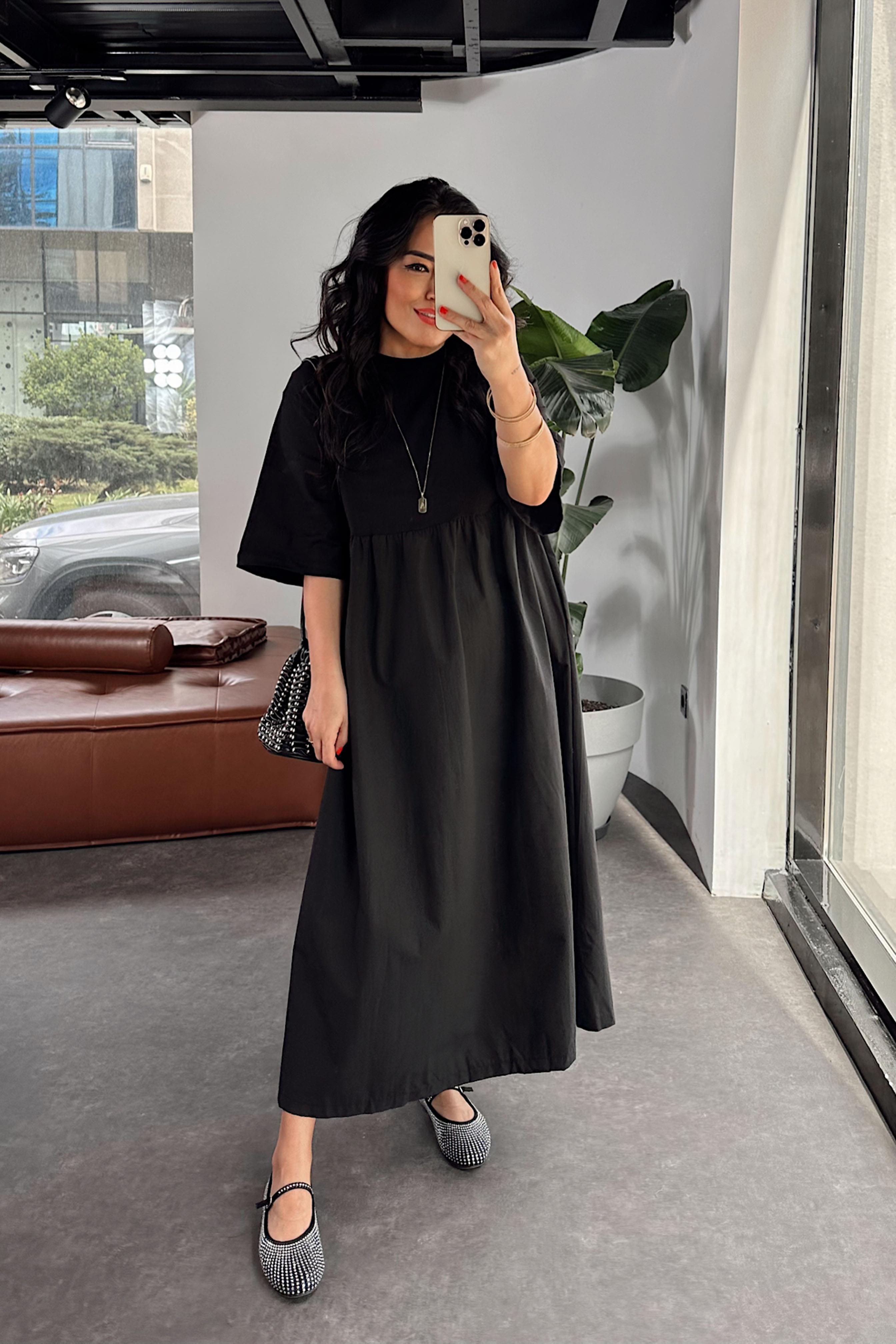 Premium Kalite Tişört Detaylı Oversize Elbise Siyah