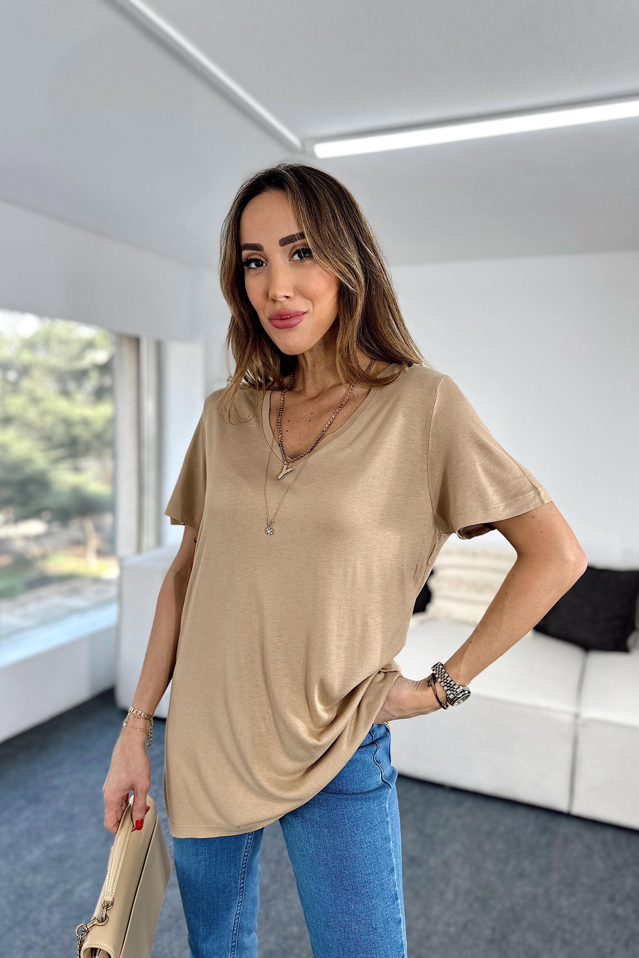 Premium Kalite V Yaka Tunik Tişört Sütlü Kahve
