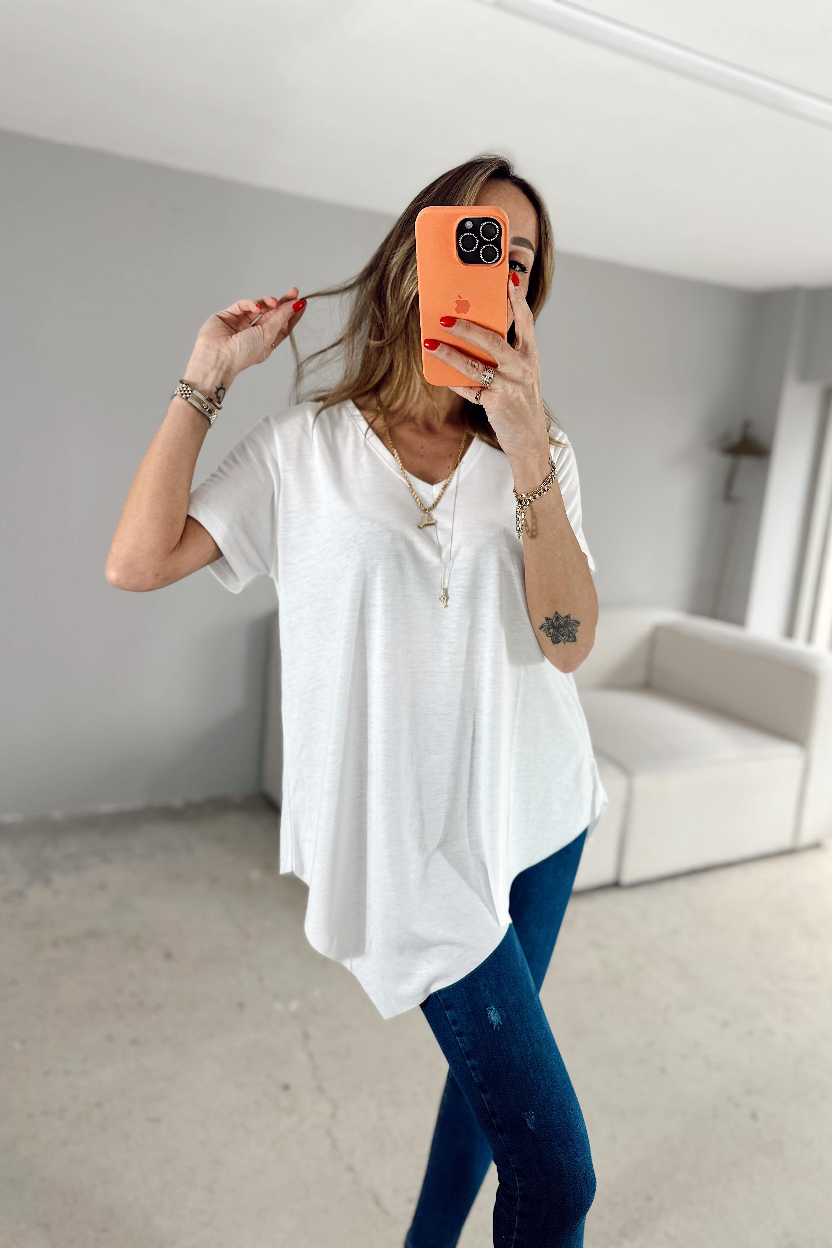 Premium Kalite Viskon Kumaş Asimetrik V Yaka Tunik Bluz Beyaz