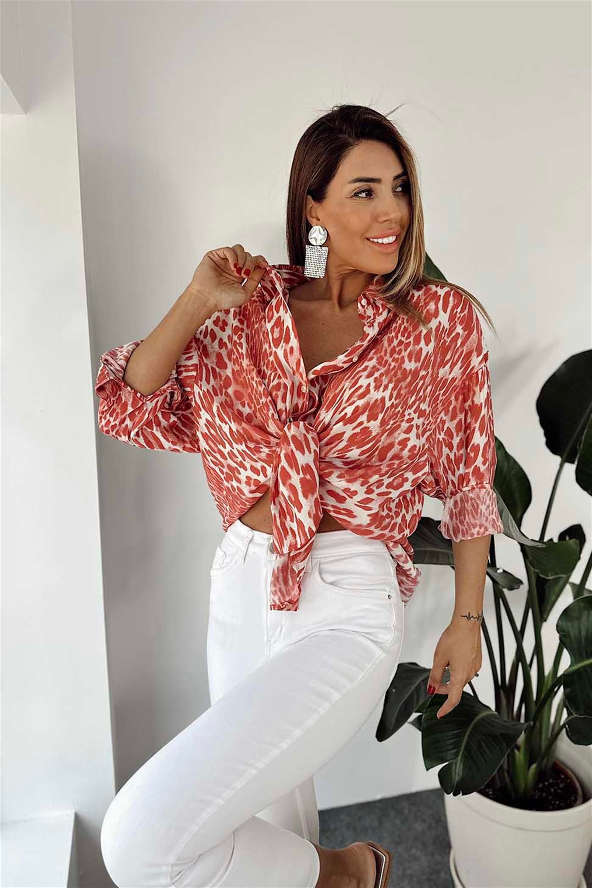 Premium Kalite Viskon Kumaş Oversize Leopar Gömlek Pembe
