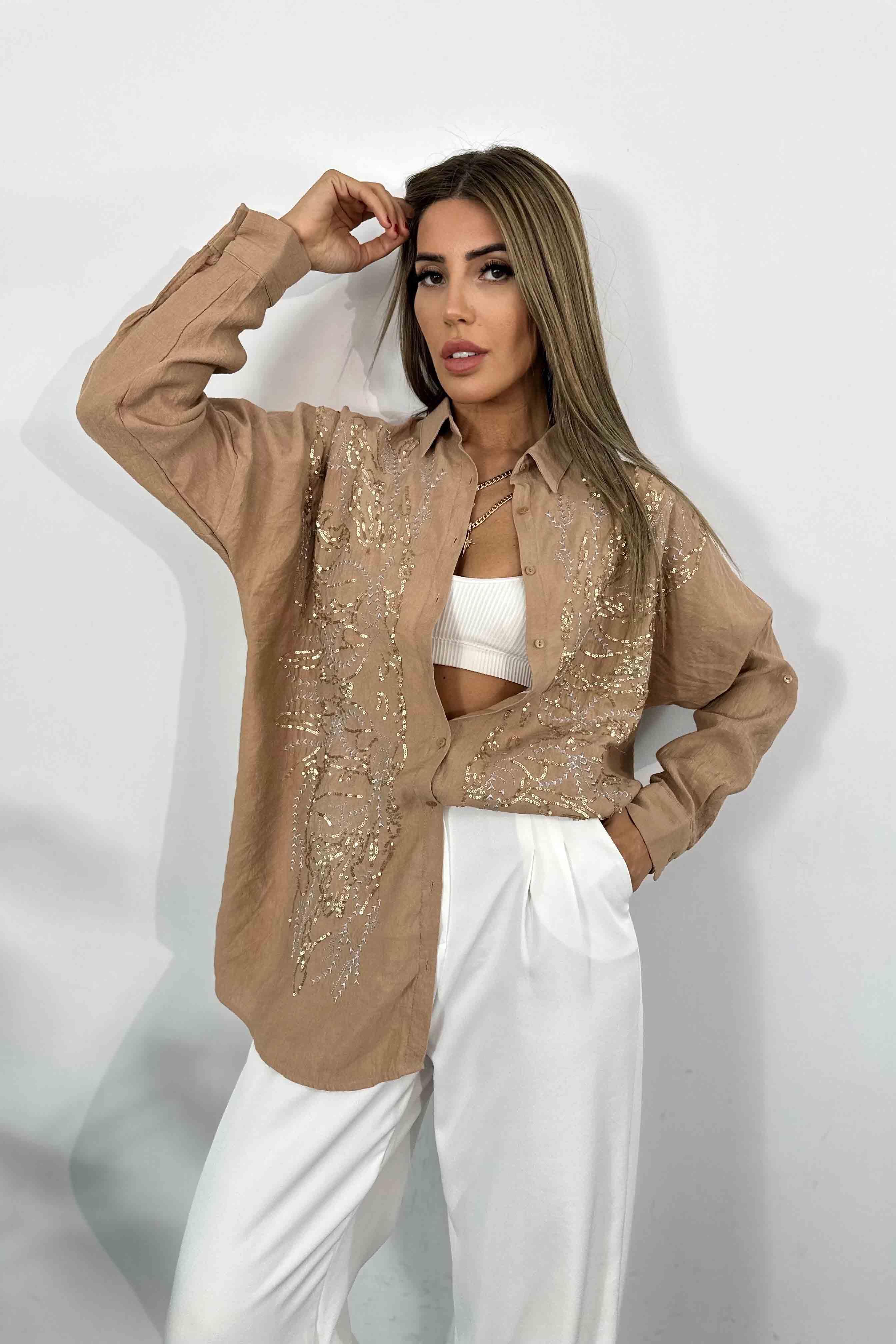 Premium Kalite Viskon Kumaş Pul İşlemeli ve Nakışlı Kadın Gömlek Camel