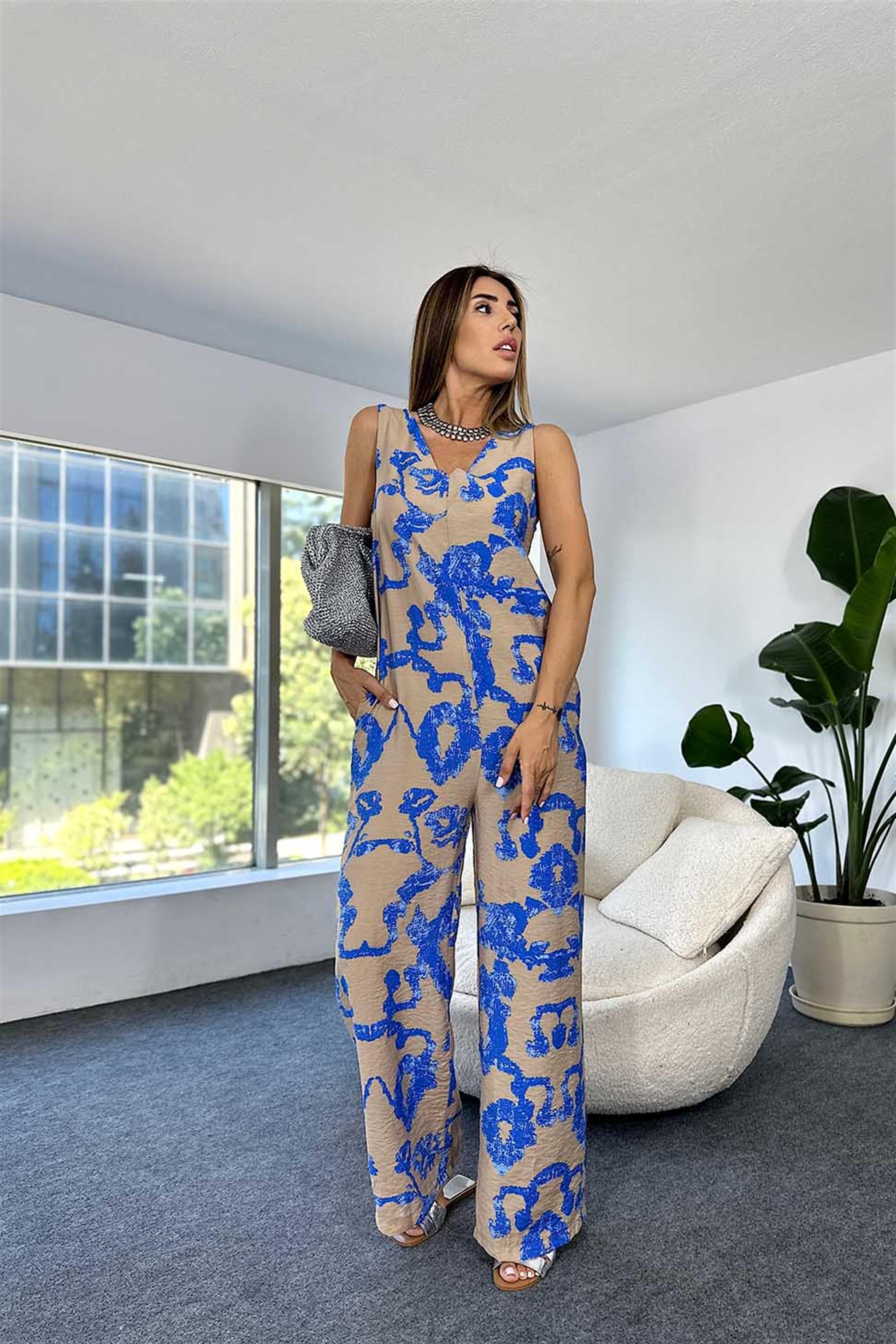 Premium Kalite Viskon Kumaş V Yaka Desenli Salaş Tulum Mavi