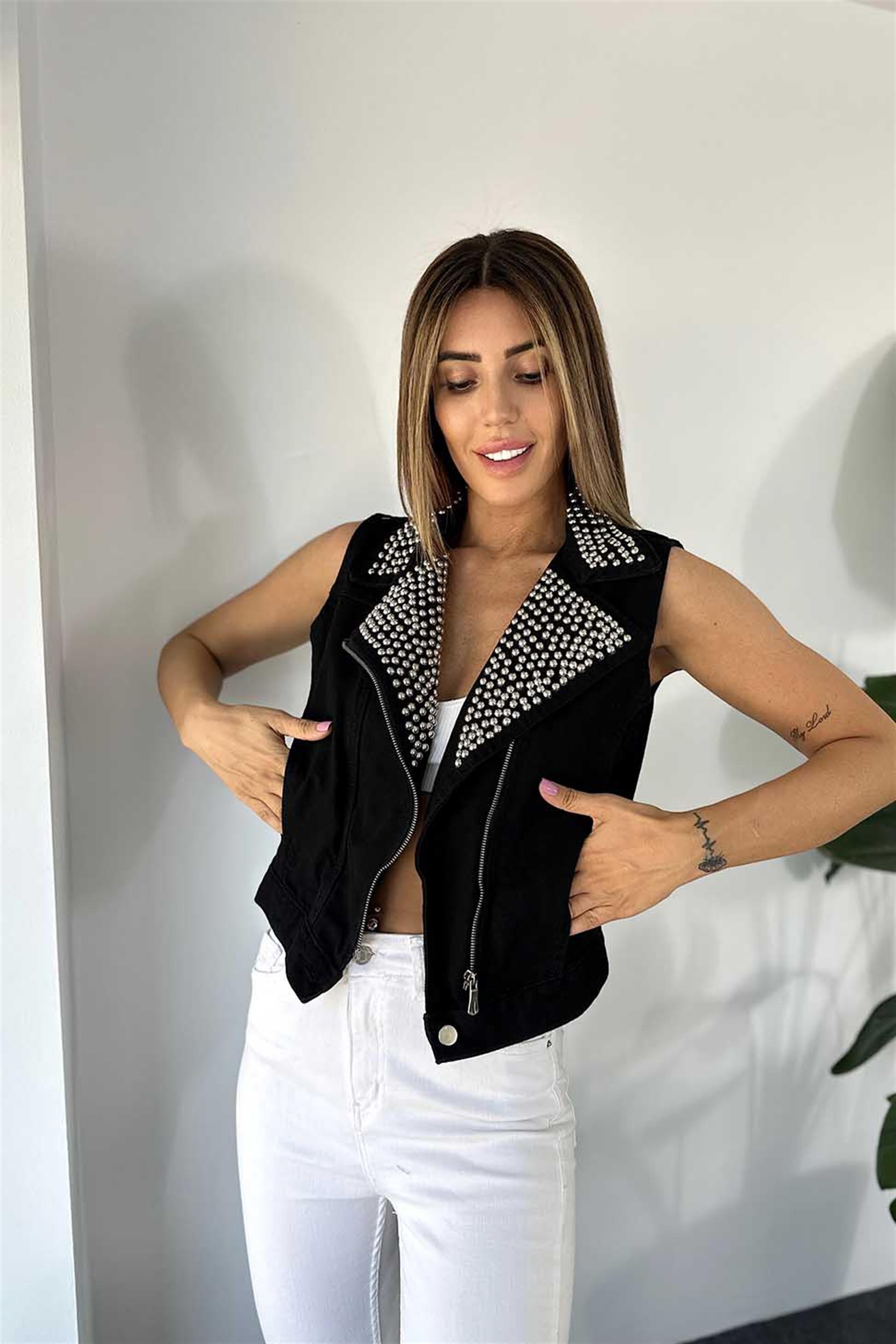 Premium Kalite Yakası Zımba Detaylı Denim Kadın Yelek Siyah