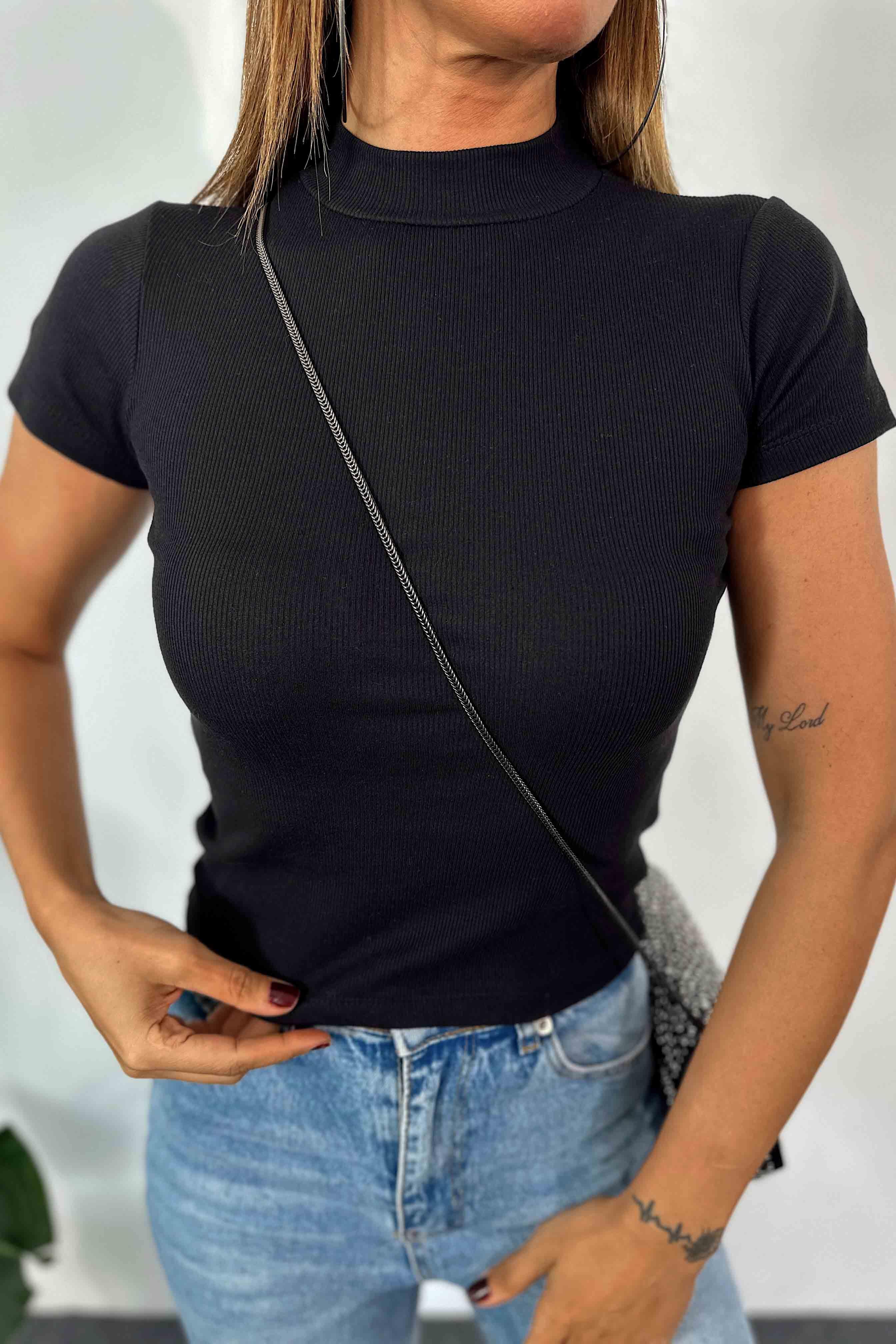 Premium Kalite Yarı Balıkçı İnce Fitilli Body Bluz Siyah