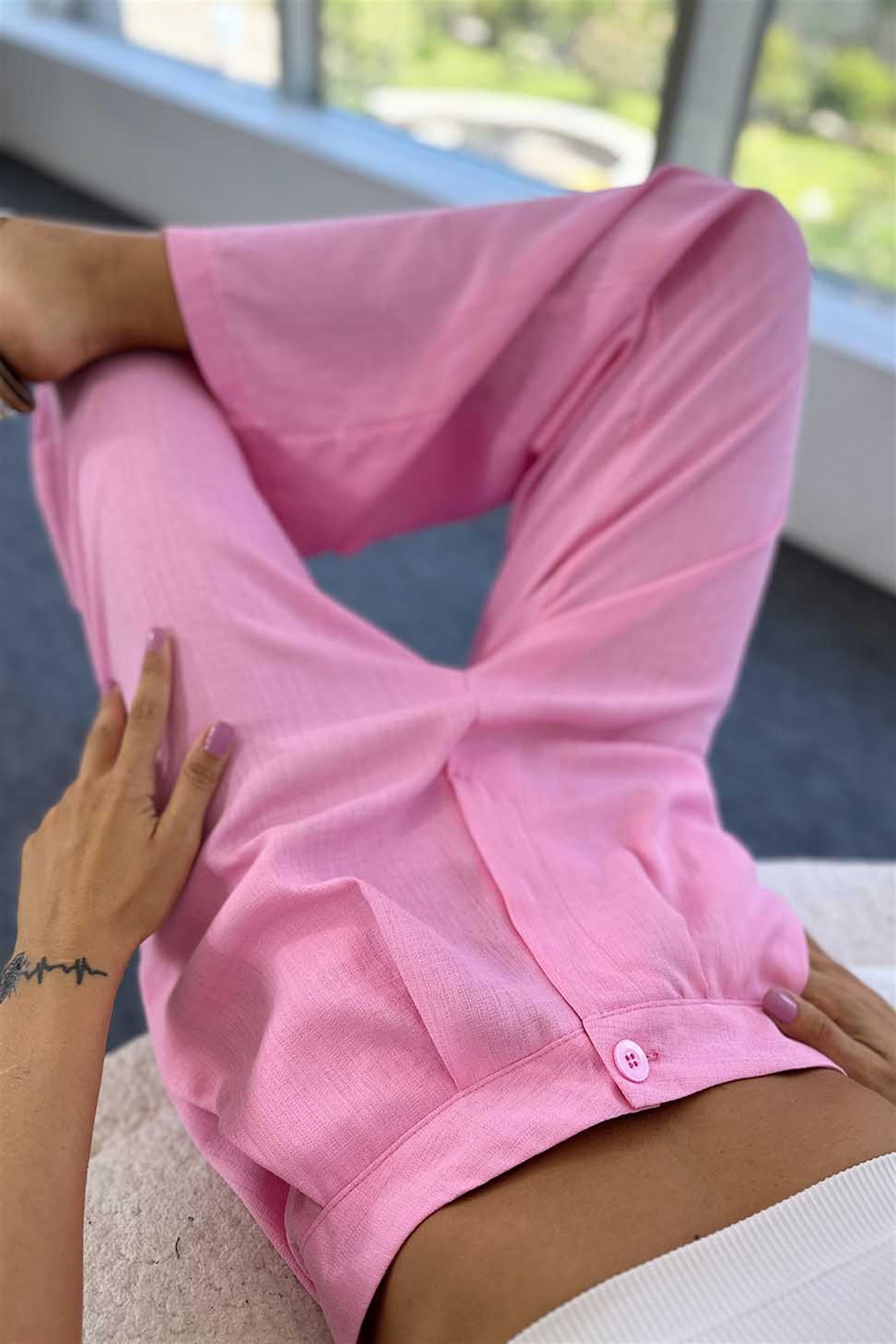 Premium Kalite Yüksek Bel Beli Pens Detaylı Palazzo Pantolon Pembe · 7