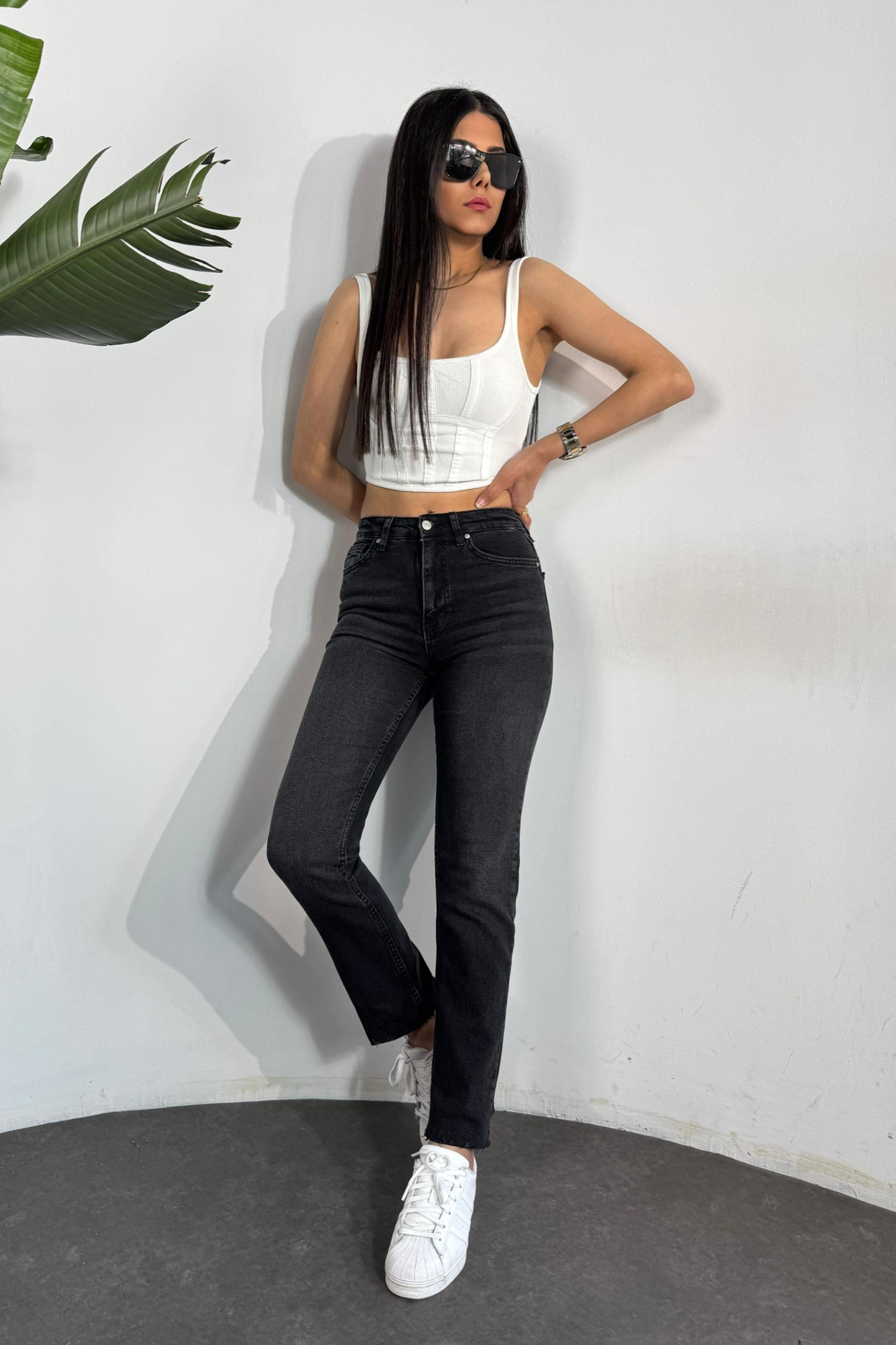 Premium Kalite Yüksek Bel Boyfriend Jean Pantolon Koyu Füme