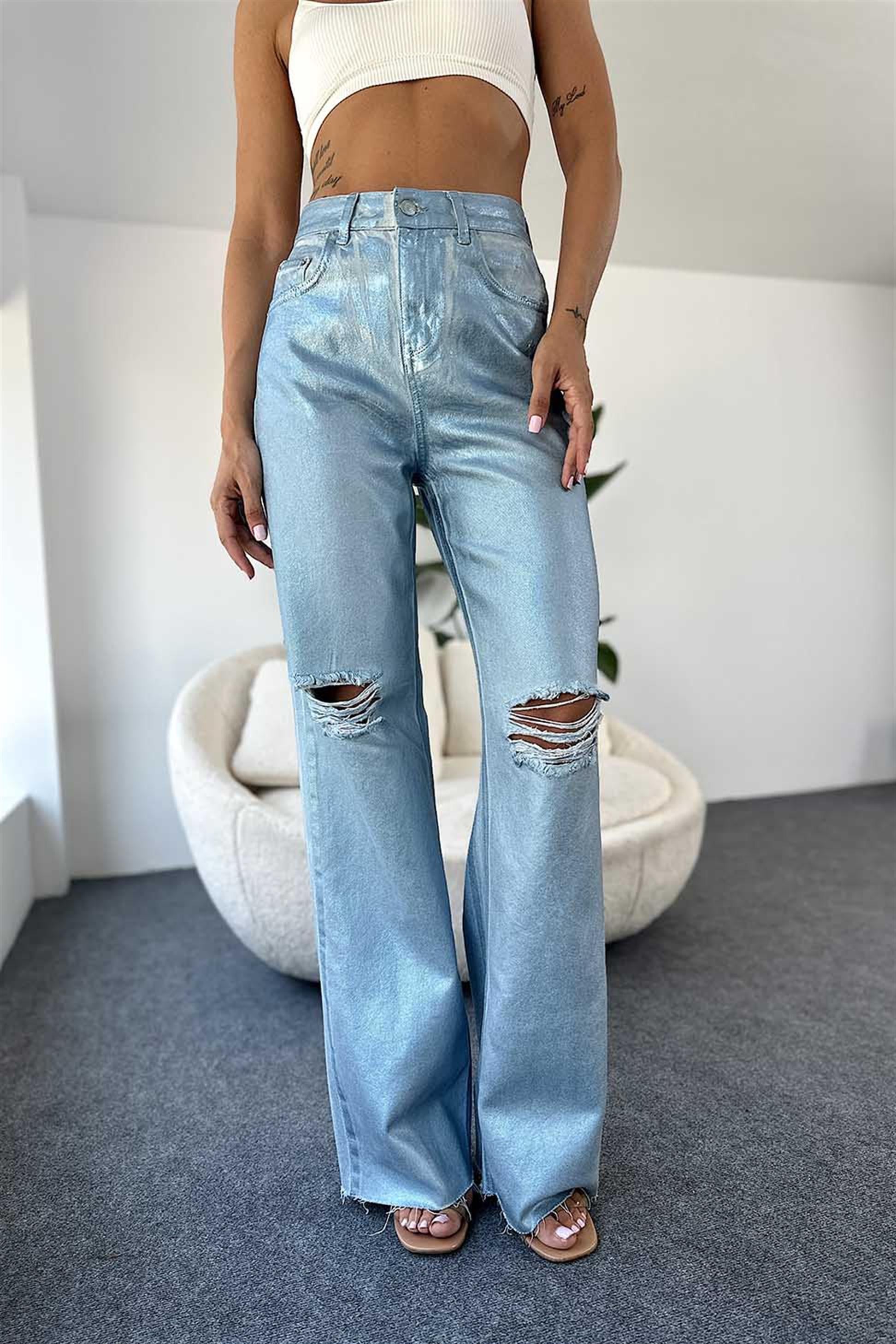 Premium Kalite Yüksek Bel Sim Detaylı Dizi Yırtık Jean Pantolon Bebe Mavisi