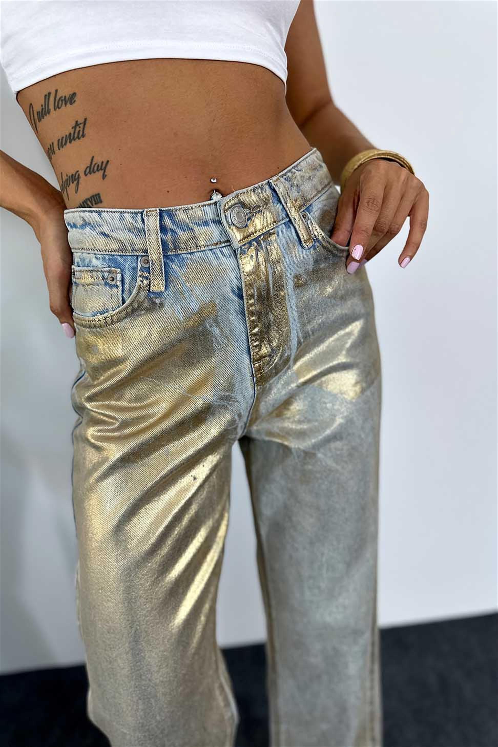 Premium Kalite Yüksek Bel Sim Detaylı Kadın Jean Pantalon GOLD