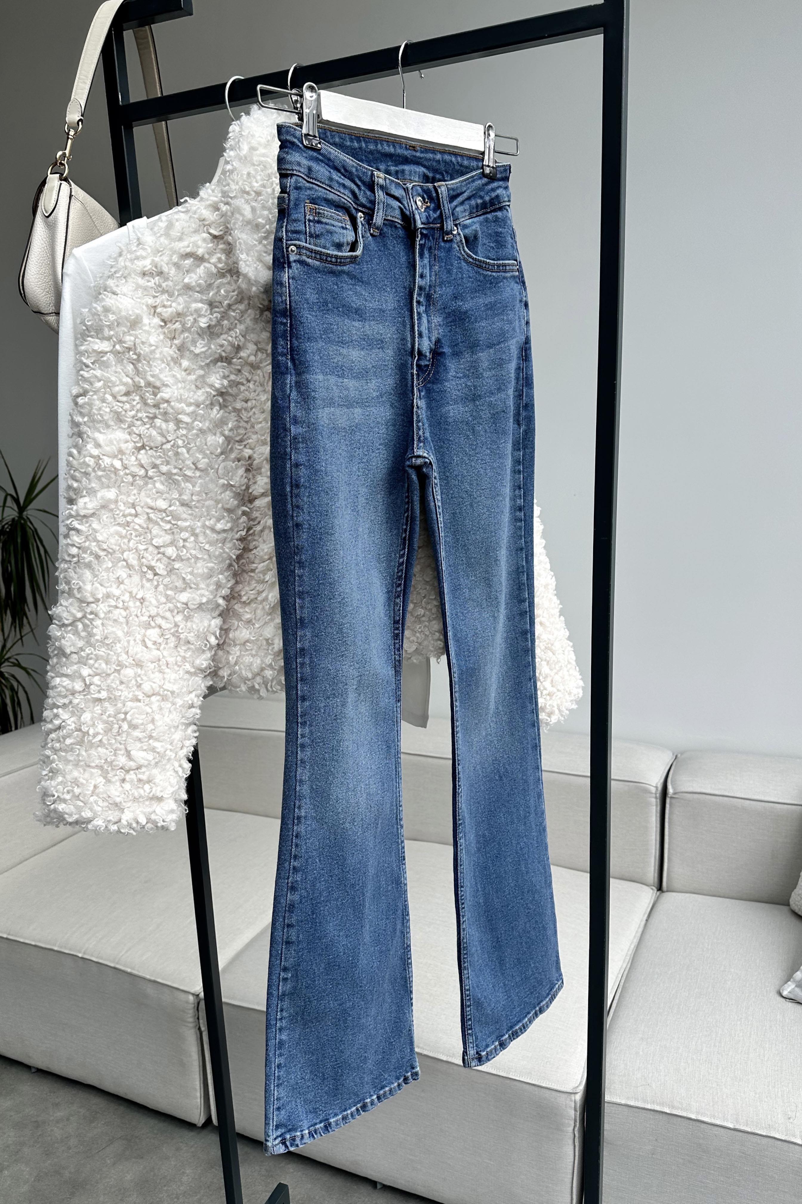 Premium Kalite Yüksek Bel Straight Jean Pantolon Mavi