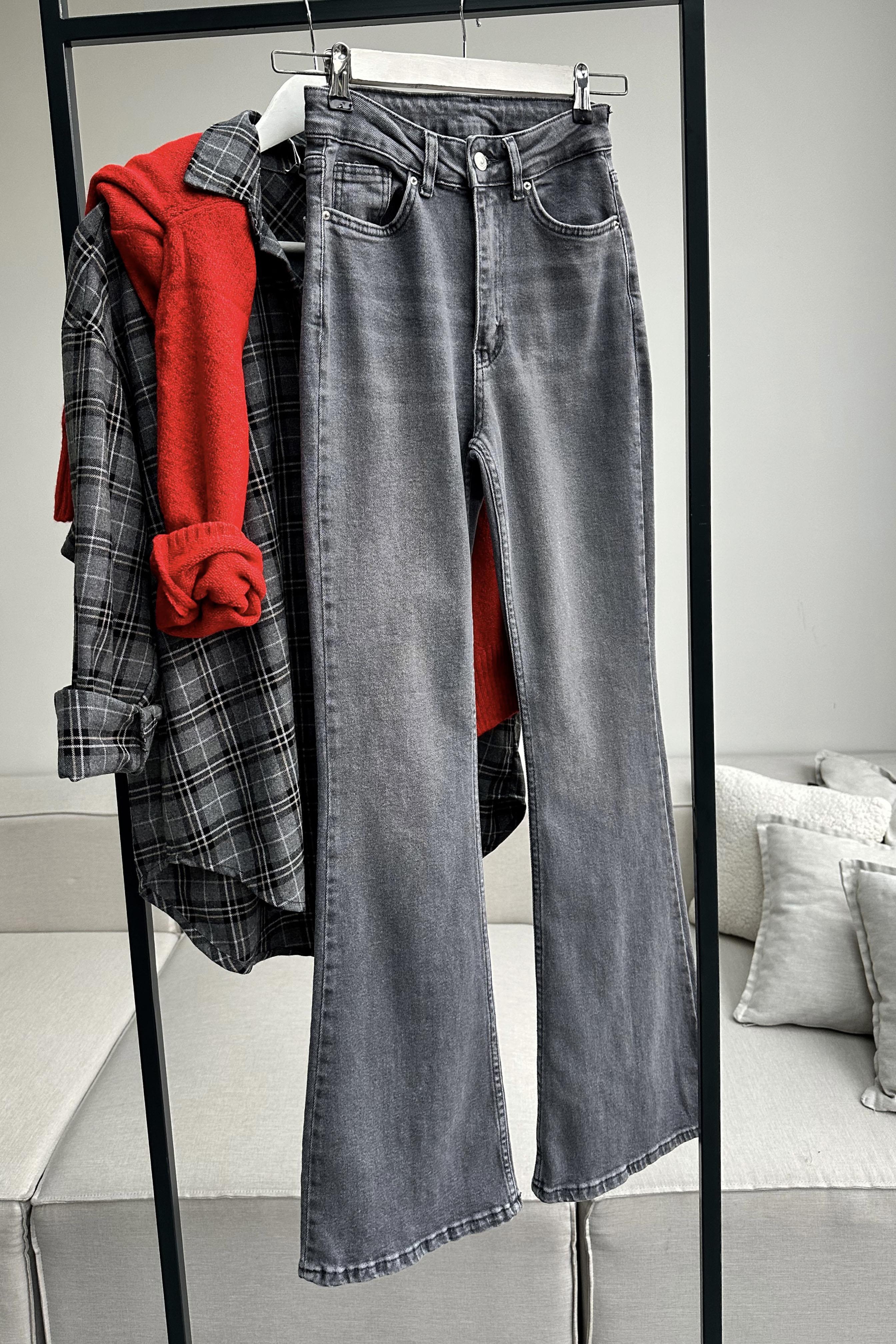 Premium Kalite Yüksek Bel Straight Jean Pantolon Gri