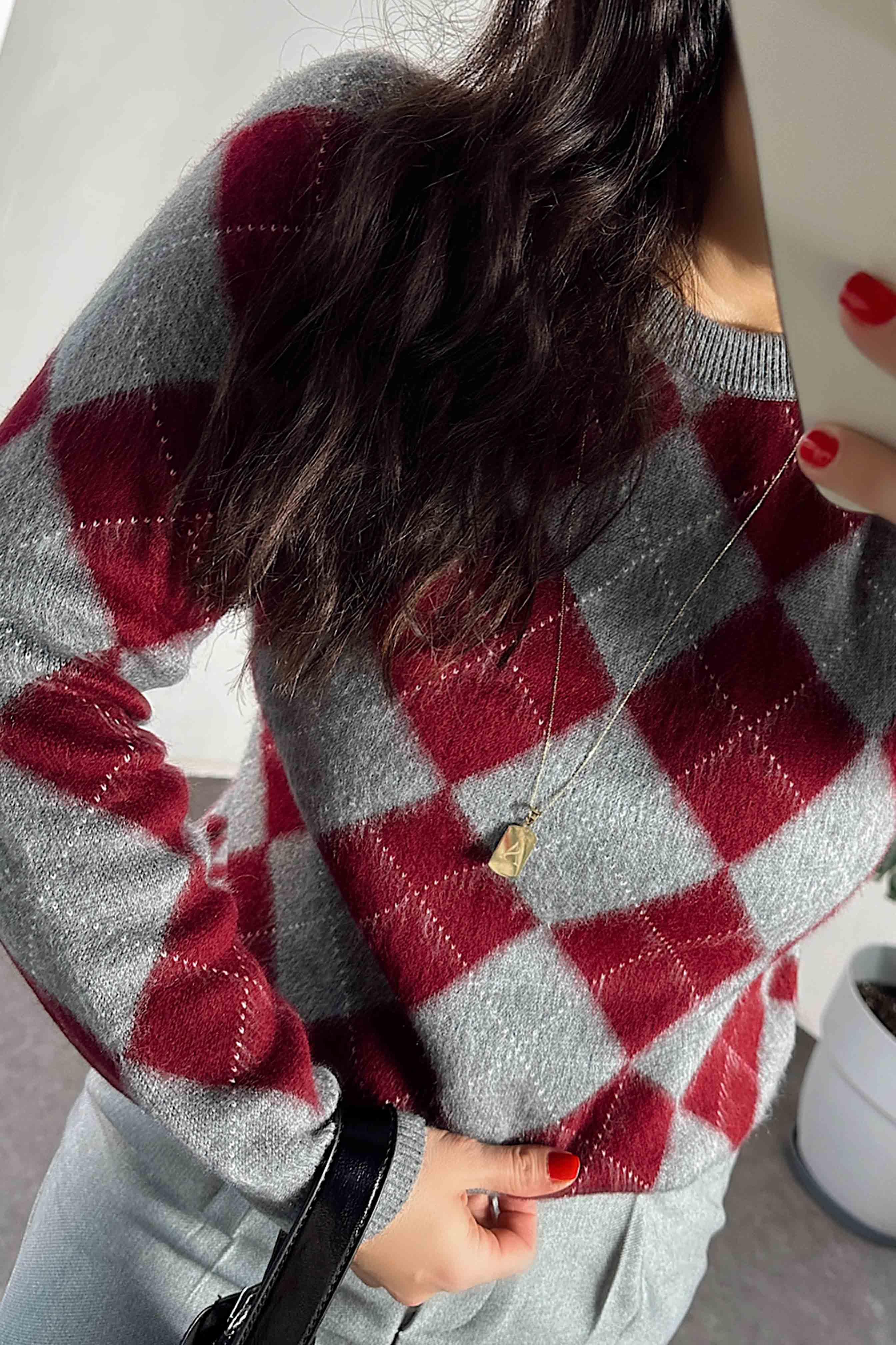 Premium Kalite Yumoş Dokulu Baklava Desen Kazak Gri