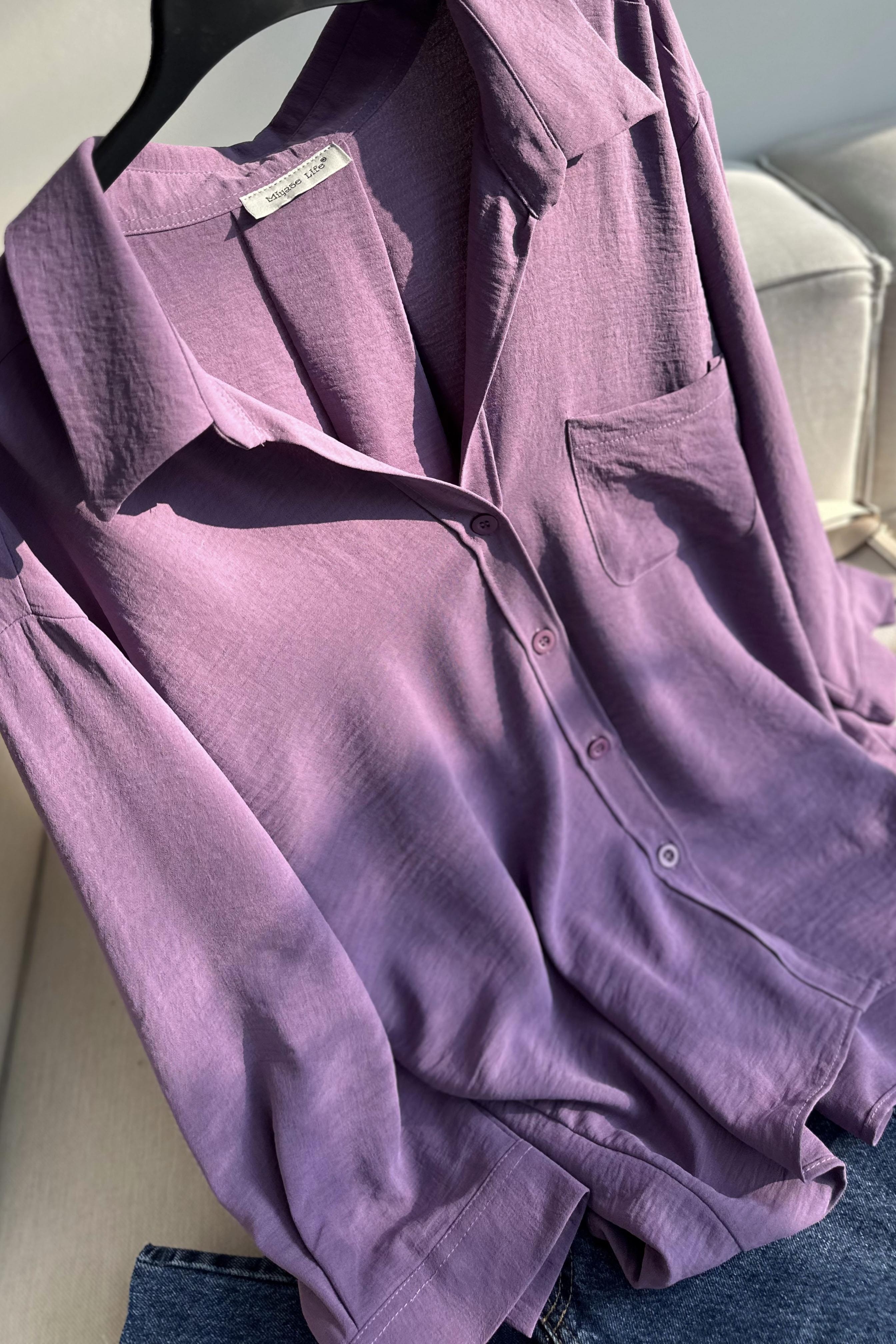 Premium Kalite Yumuşak Dokulu Cep Detaylı Oversize Gömlek Lila