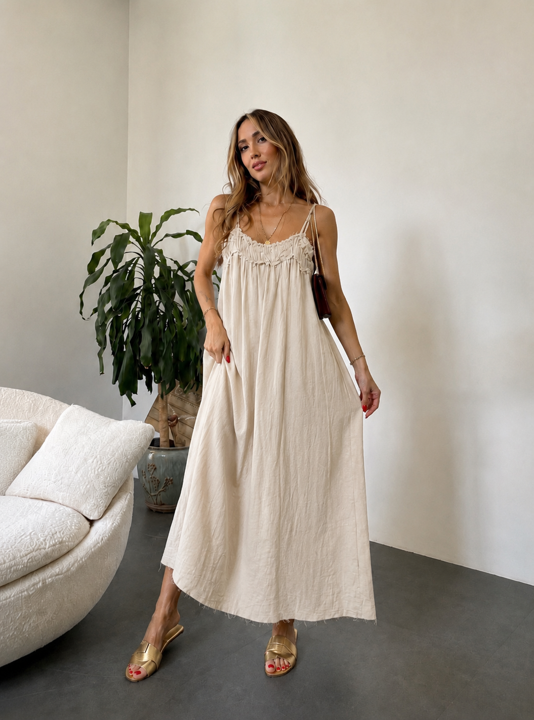 Premium Seri %100 Organik Kumaş Maxi Salaş Elbise Naturel Taş
