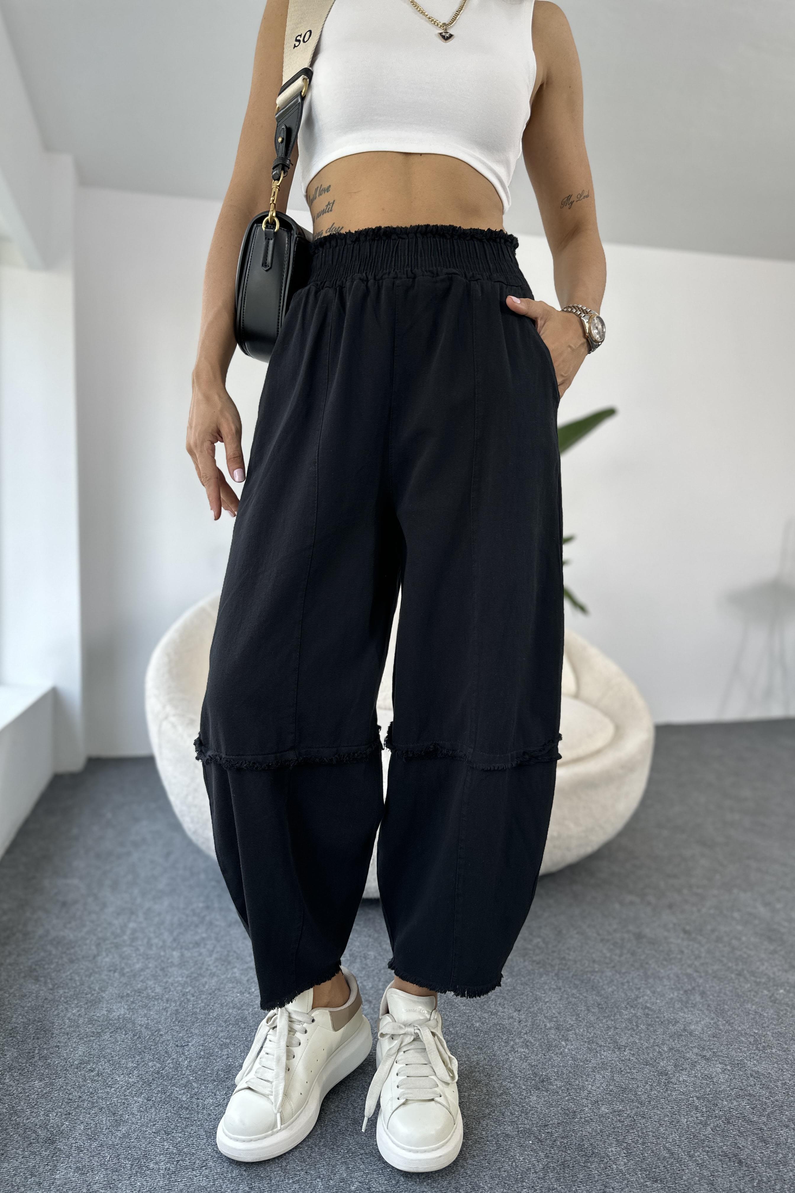 Premium Seri Gabardin Kumaş Paçası Kesik Şalvar Pantolon Siyah