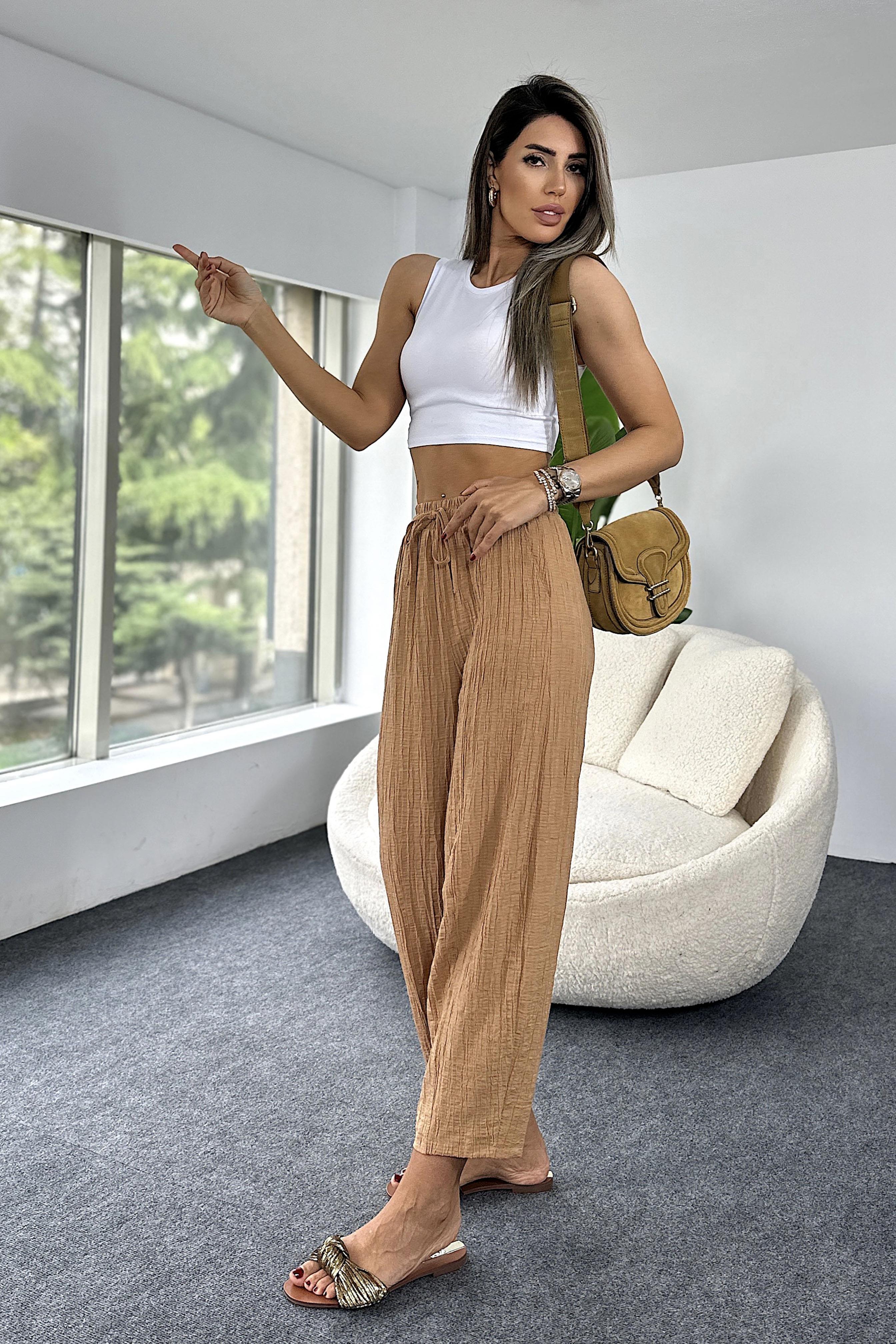 Premium Seri Gofre Kumaş Cepli Şalvar Pantolon Camel