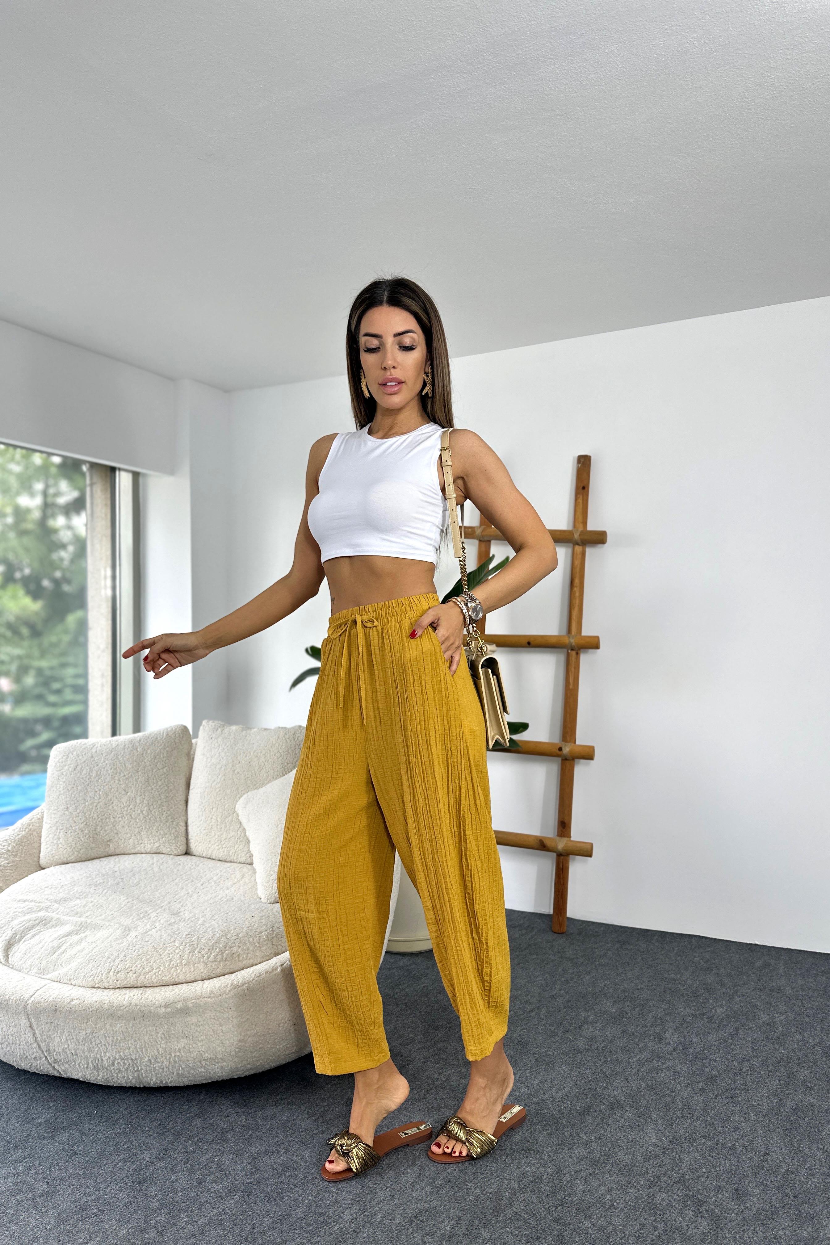 Premium Seri Gofre Kumaş Cepli Şalvar Pantolon Hardal