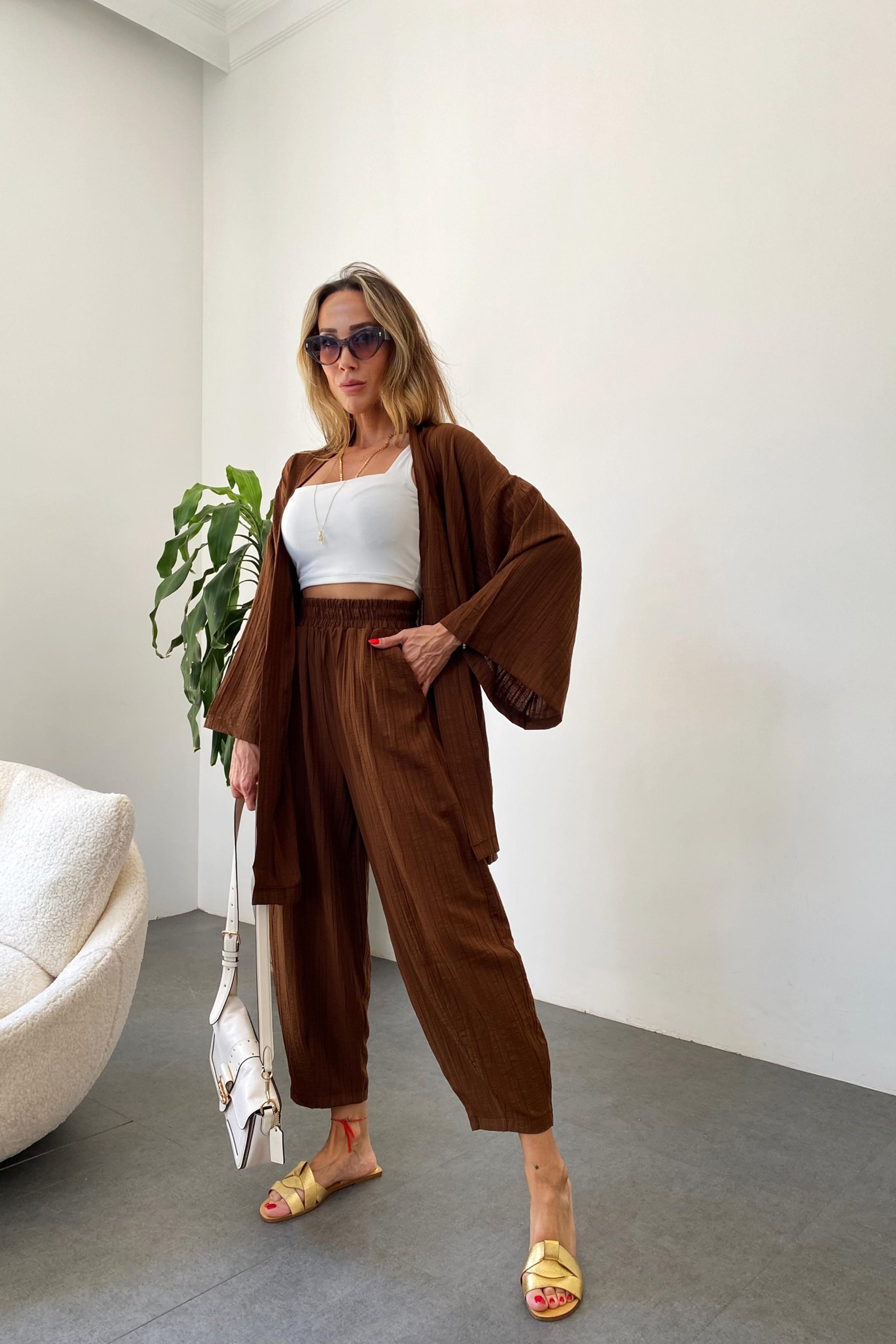 Premium Seri Gofre Kumaş Kimono Takım Acı Kahve