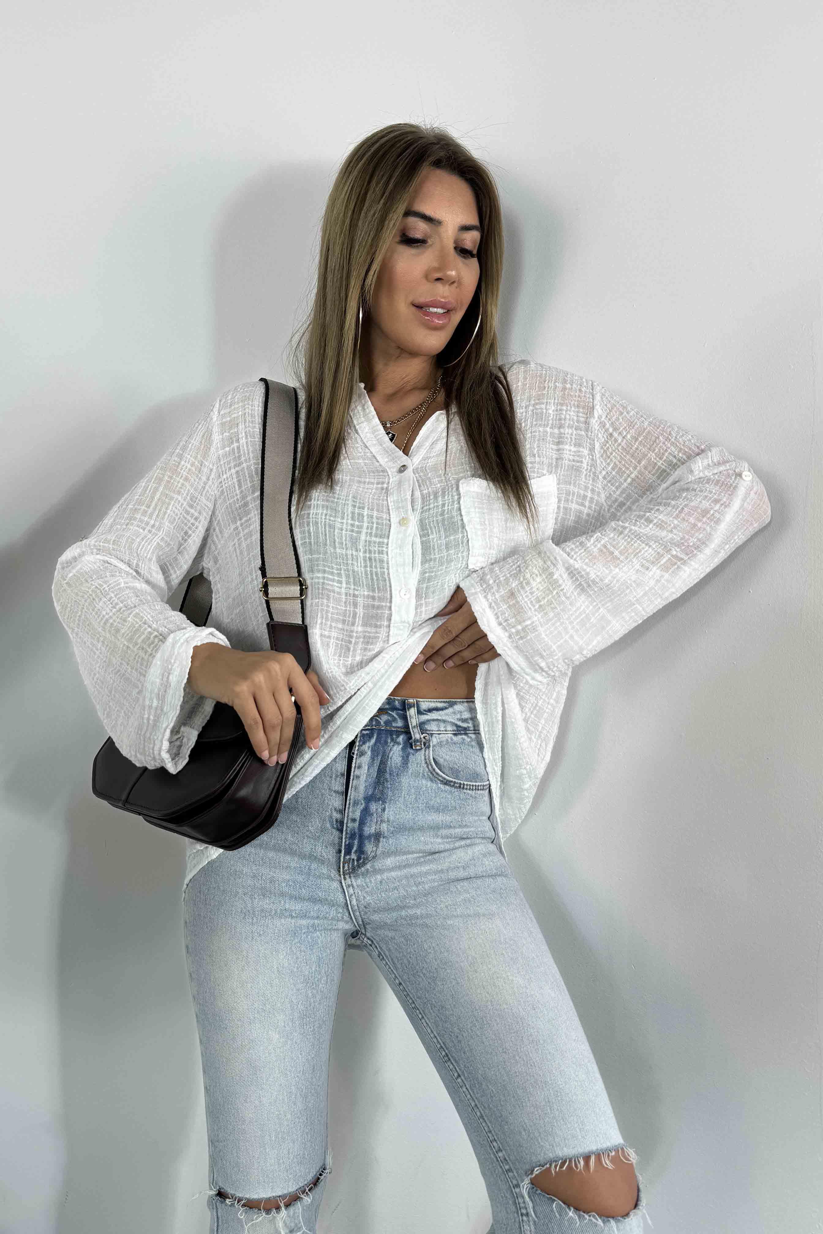 Premium Seri Keten Dokulu Cepli Gömlek Ekru