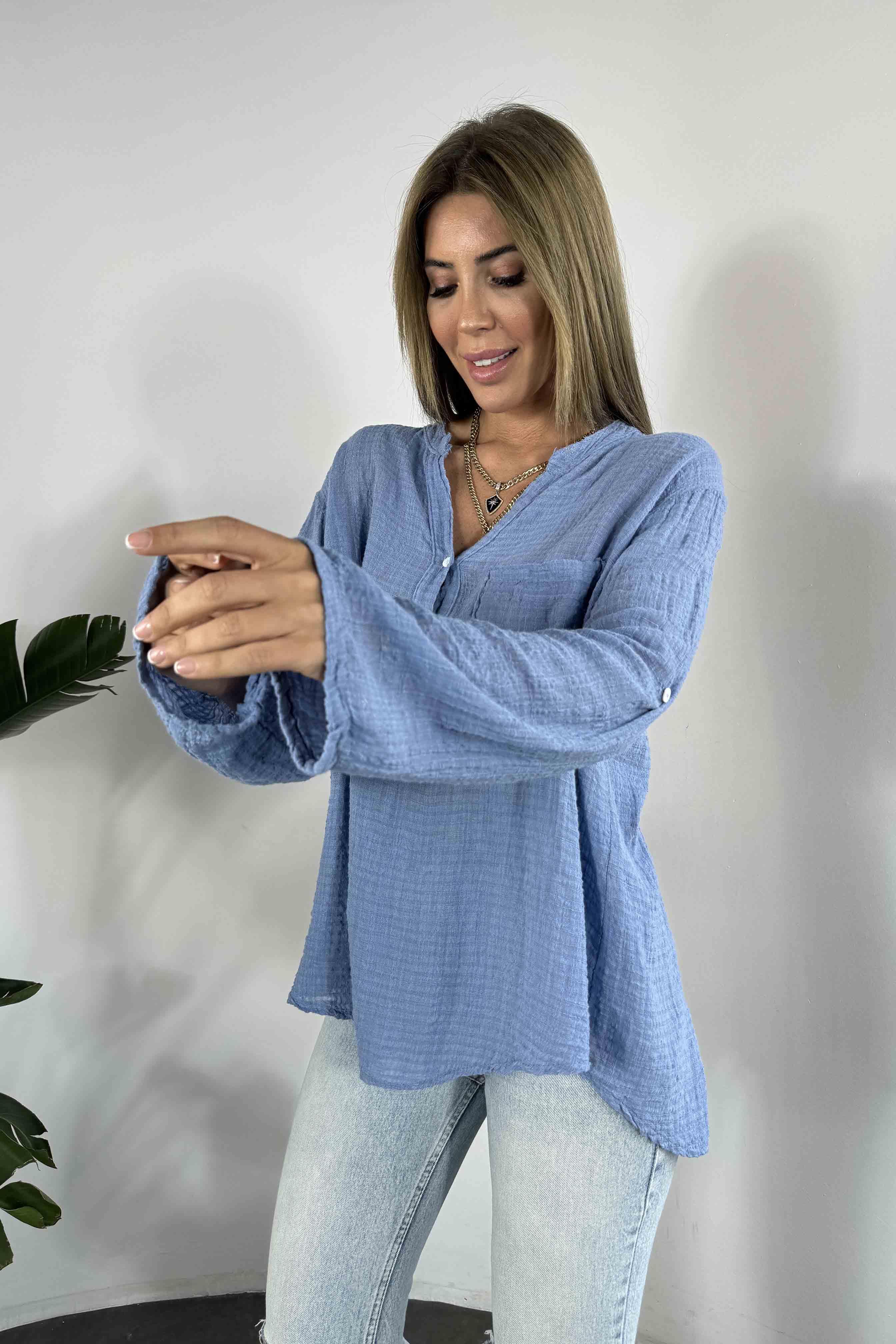 Premium Seri Keten Dokulu Cepli Gömlek İndigo Mavisi